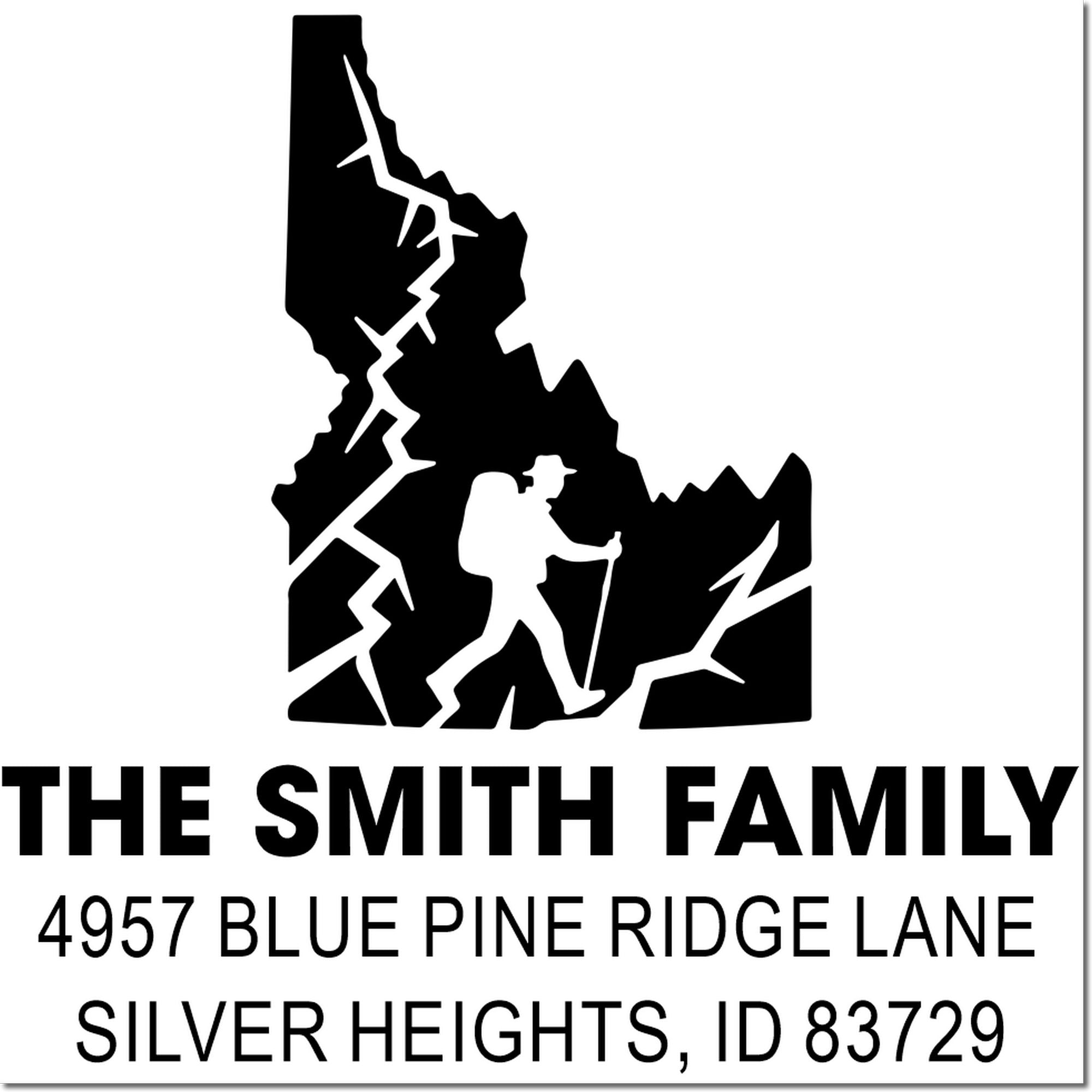 Custom Idaho return address rubber stamp with hiker silhouette for The Smith Family, Silver Heights, ID 83729