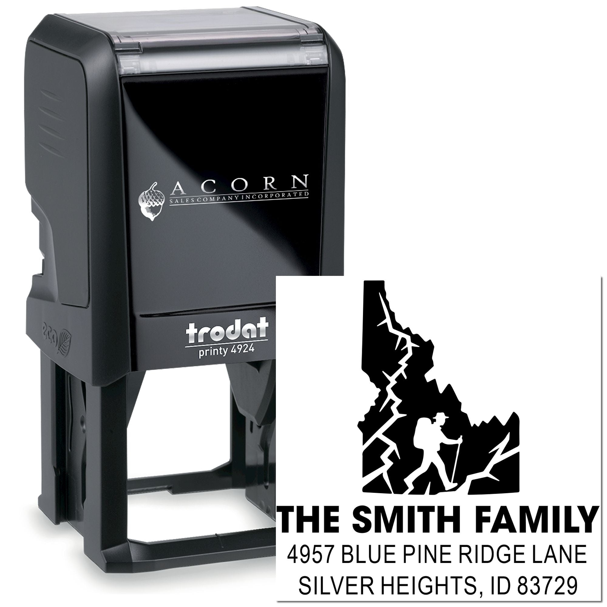 Custom self-inking address rubber stamp with family hiking logo, ideal for personalized mailings and return addresses.
