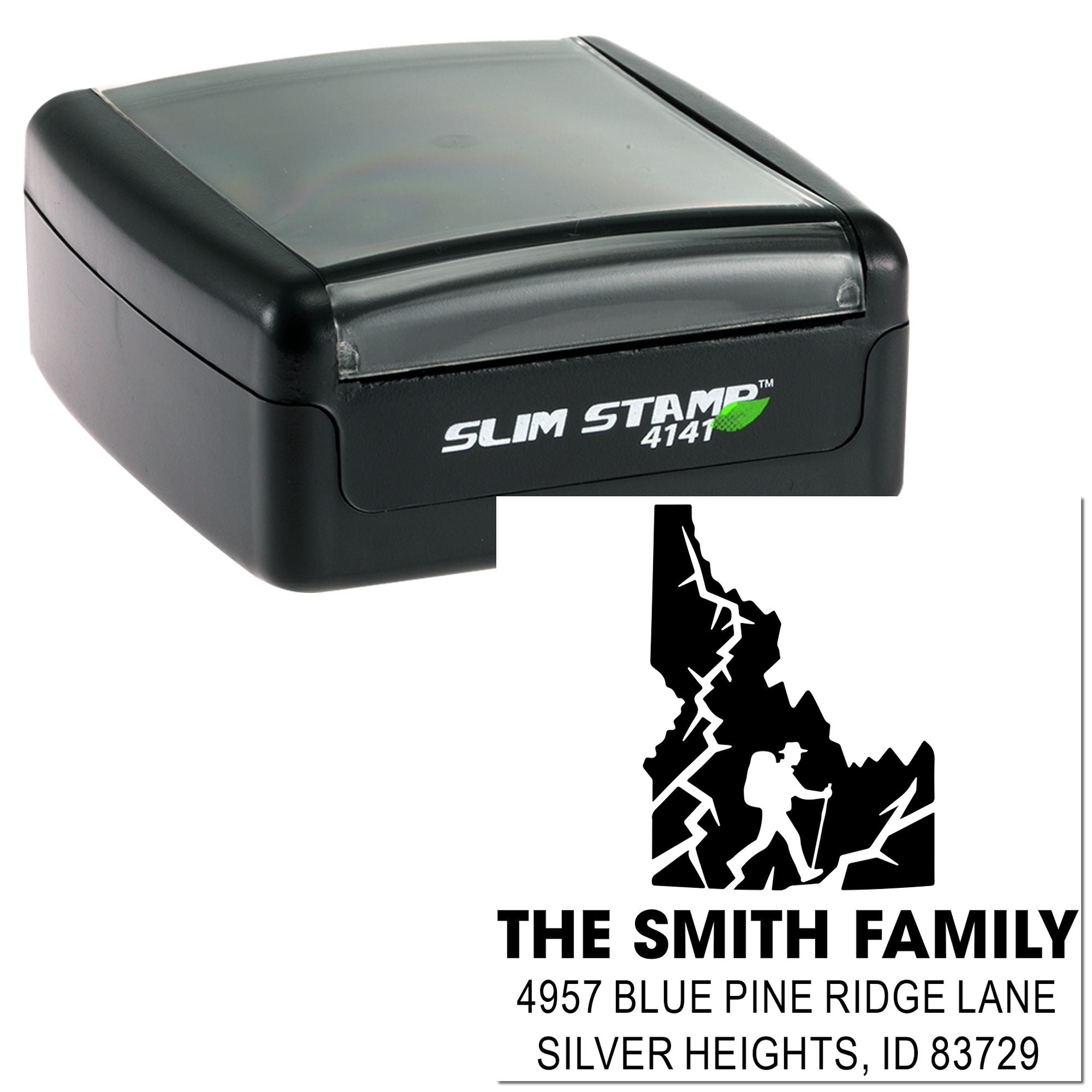 Slim Stamp 4141 self-inking rubber stamp with custom family address and hiking silhouette design.