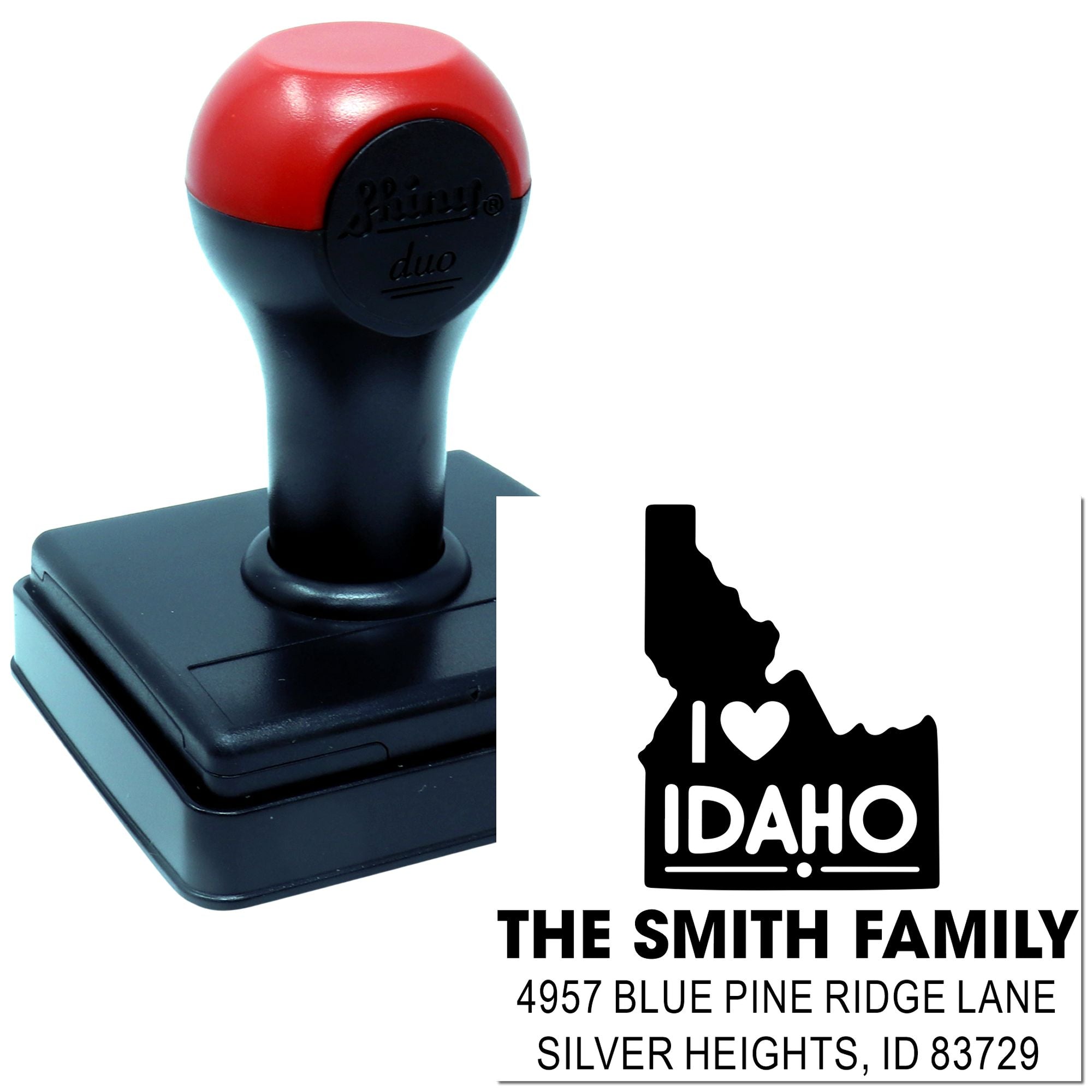 Personalized Idaho family address rubber stamp, self-inking stamp with custom state outline and home address design.