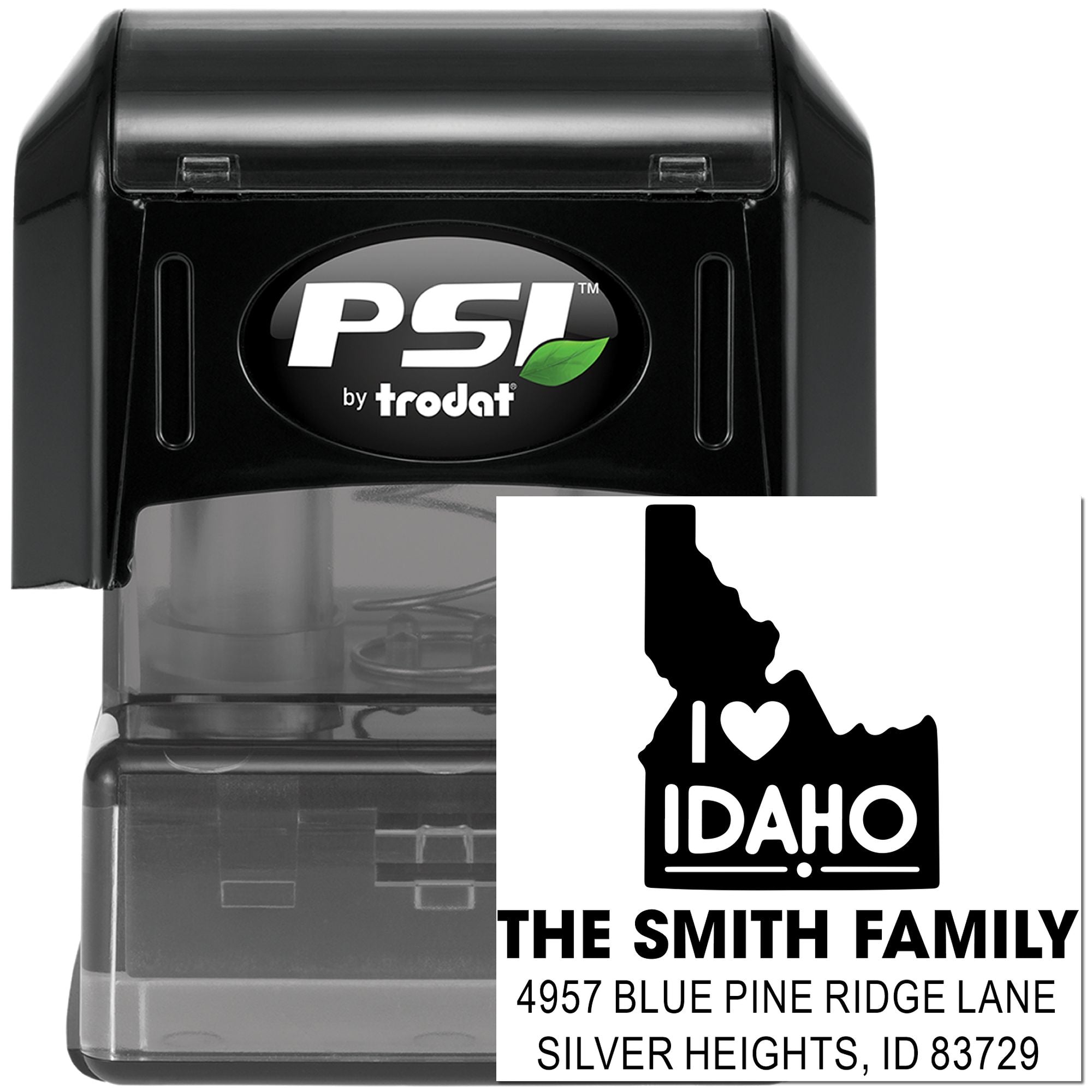 Custom Idaho state return address rubber stamp with self-inking PSI by Trodat for personalized family mailing.
