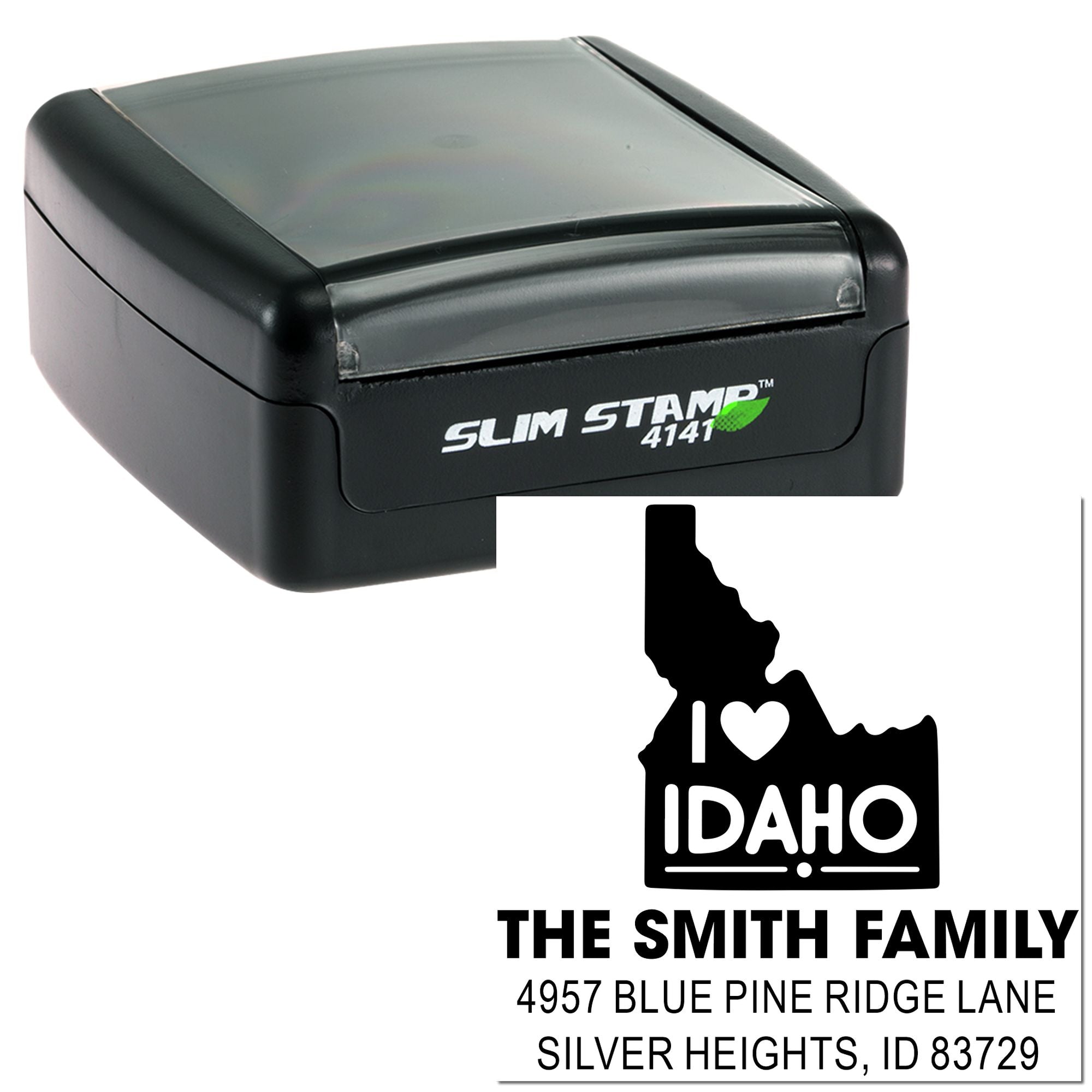 Custom Idaho family return address self-inking rubber stamp, Slim Stamp 4141, with name and address imprint