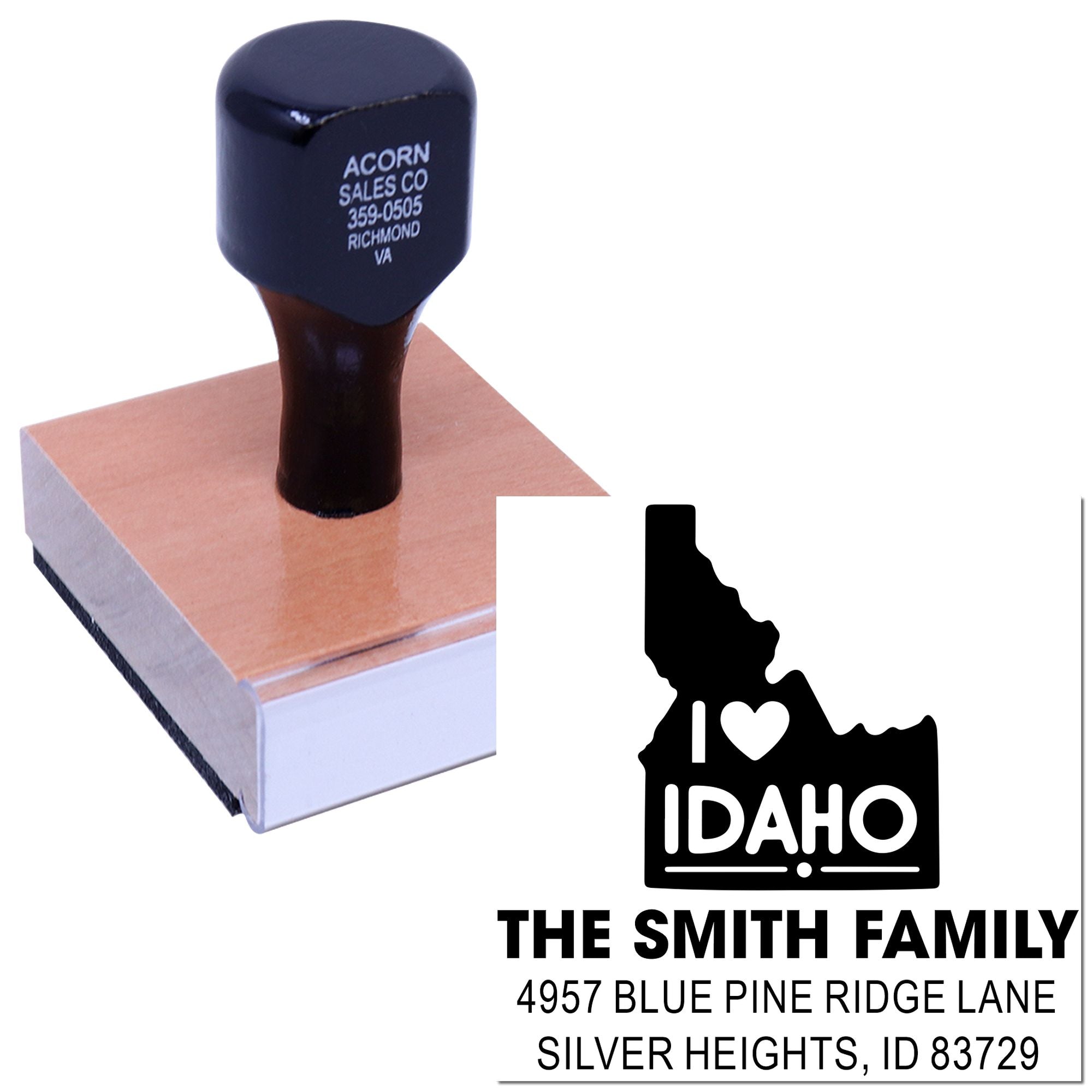 Custom Idaho address rubber stamp with I ? Idaho design for The Smith Family and Silver Heights, ID return address imprint.