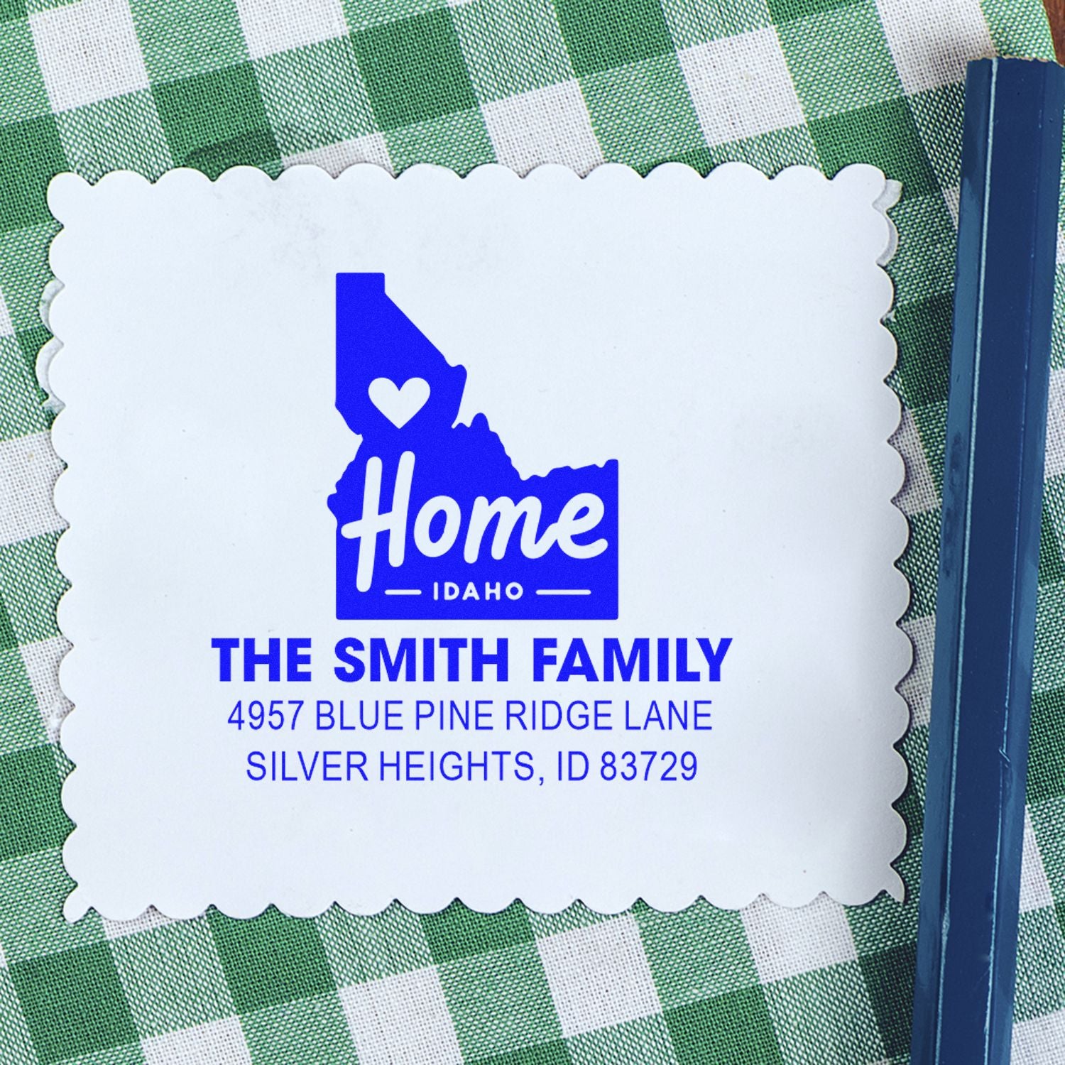 Custom Idaho return address rubber stamp for The Smith Family, Silver Heights, ID, for envelopes and mail.