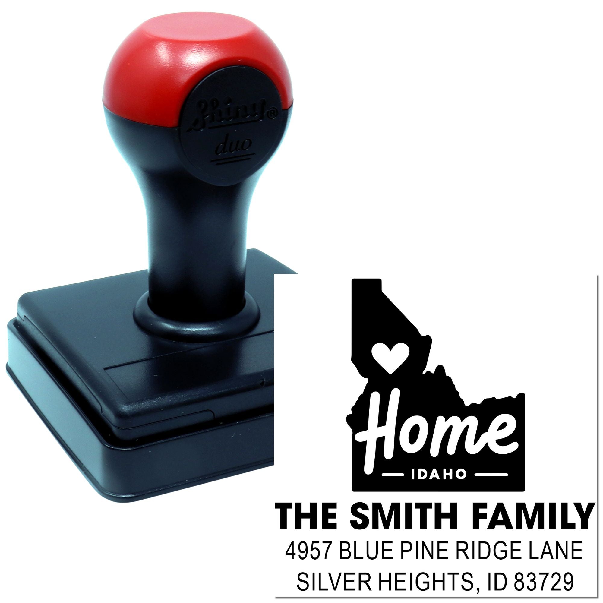 Custom self-inking rubber address stamp with Idaho Home design and Smith Family return address for envelopes.