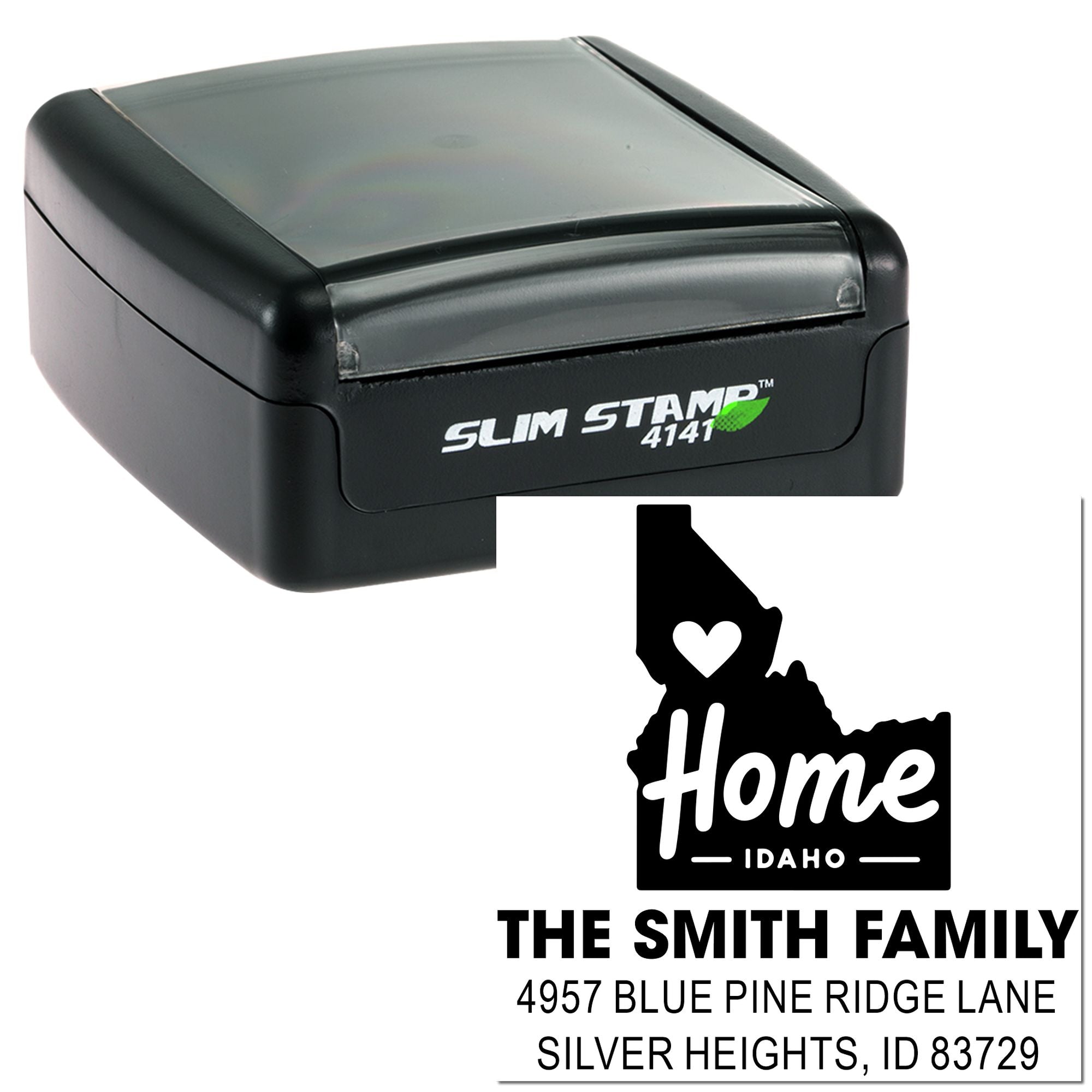 Slim self-inking rubber stamp with custom Idaho return address, Home design, Smith family name and mailing address.