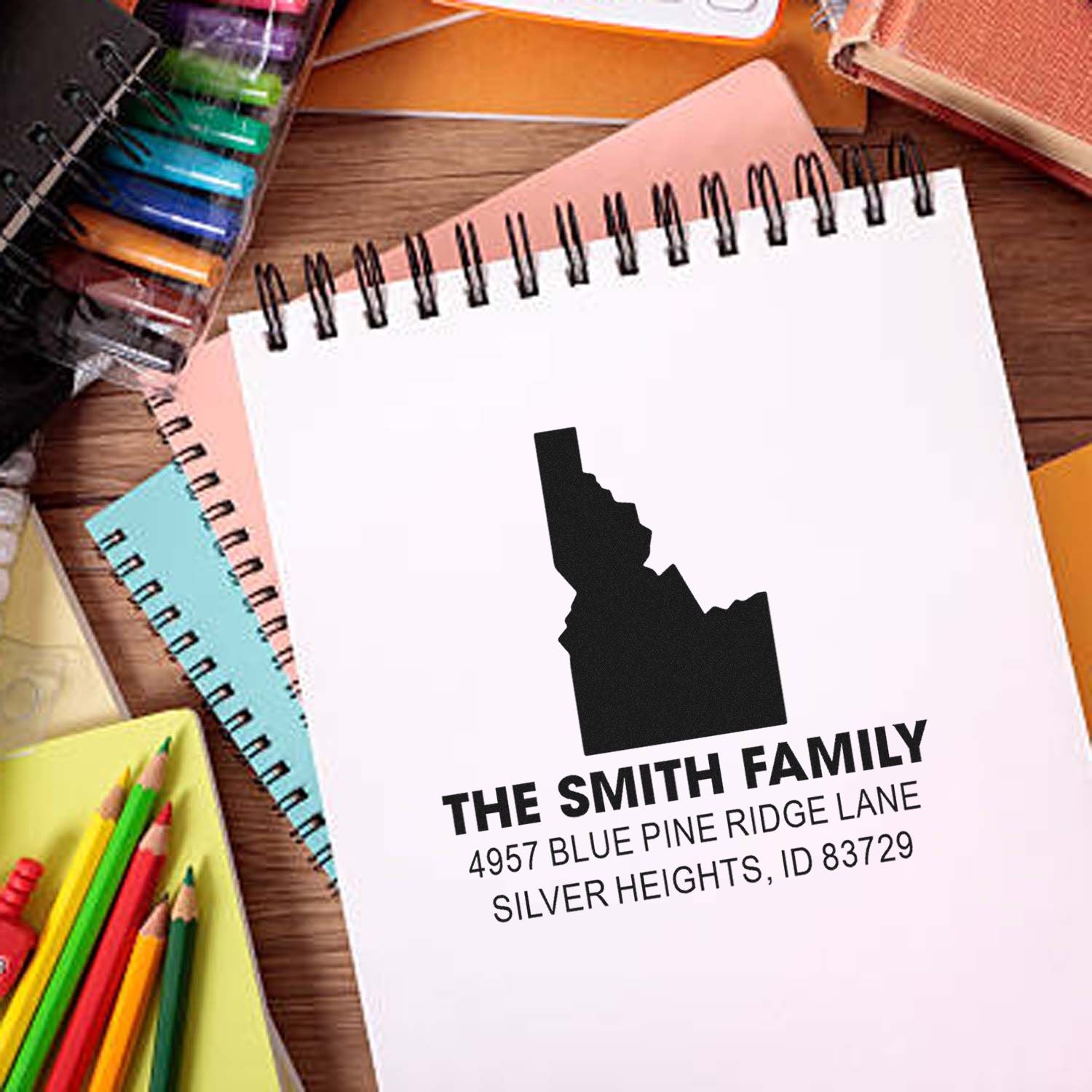 Custom family return address rubber stamp with Idaho silhouette, personalized mailing stamp for envelopes and stationery