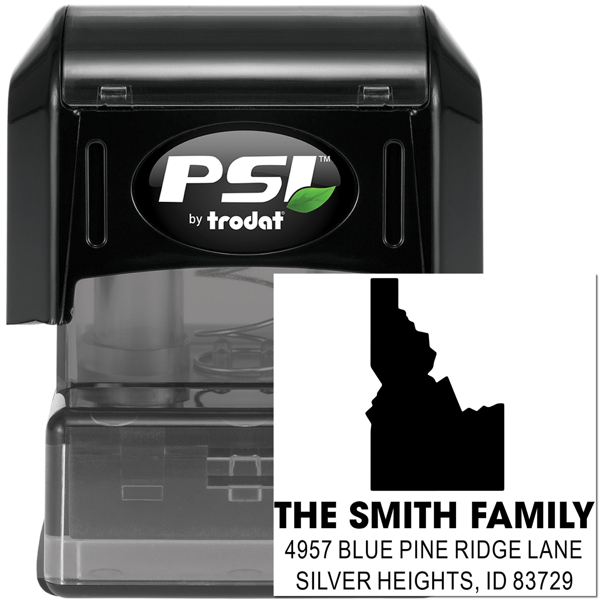 Custom PSI by Trodat self-inking address rubber stamp with Idaho design and personalized family name and address imprint