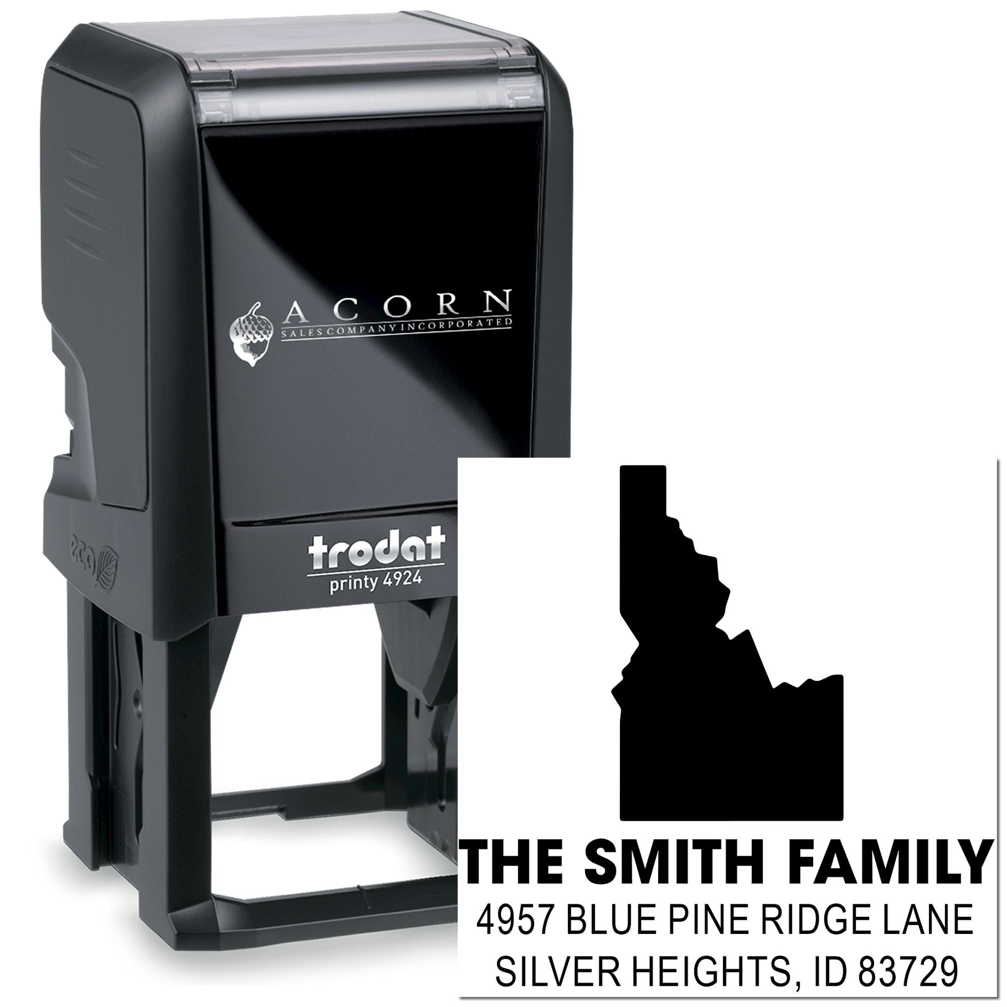 Custom self-inking rubber address stamp with Idaho silhouette for The Smith Family, Silver Heights, ID 83729.