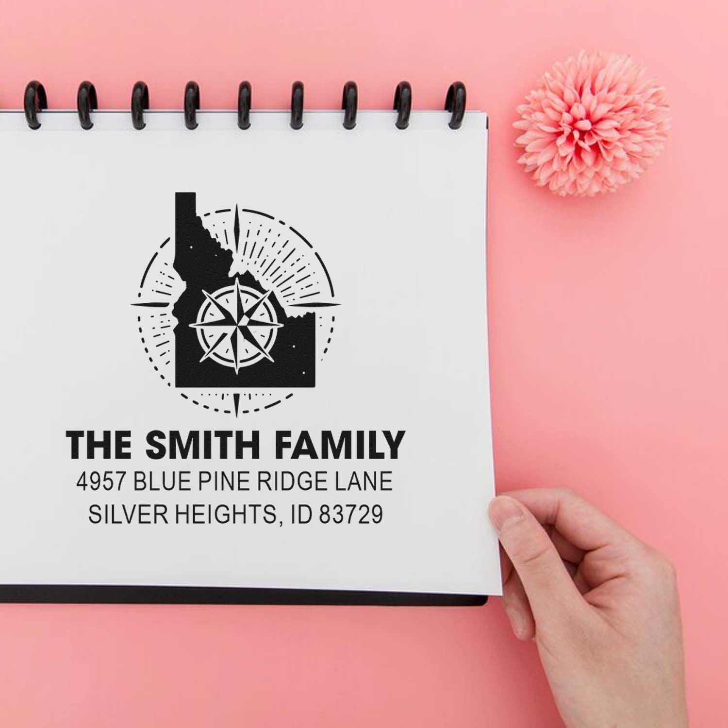Custom family address rubber stamp with Idaho compass design, personalized return address stamp for envelopes and stationery.