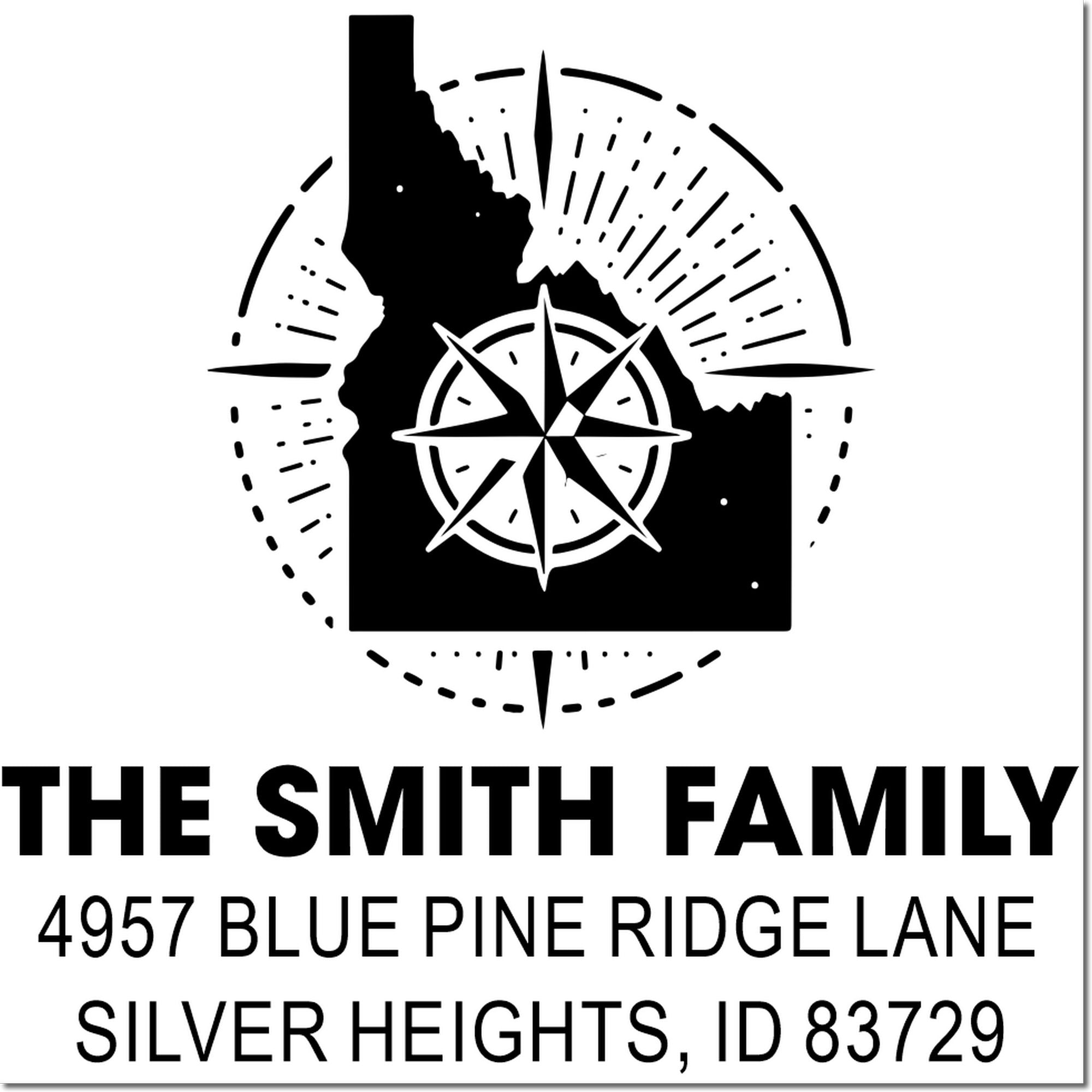 Custom return address rubber stamp for The Smith Family with house logo, 4957 Blue Pine Ridge Lane, Silver Heights, ID 83729.