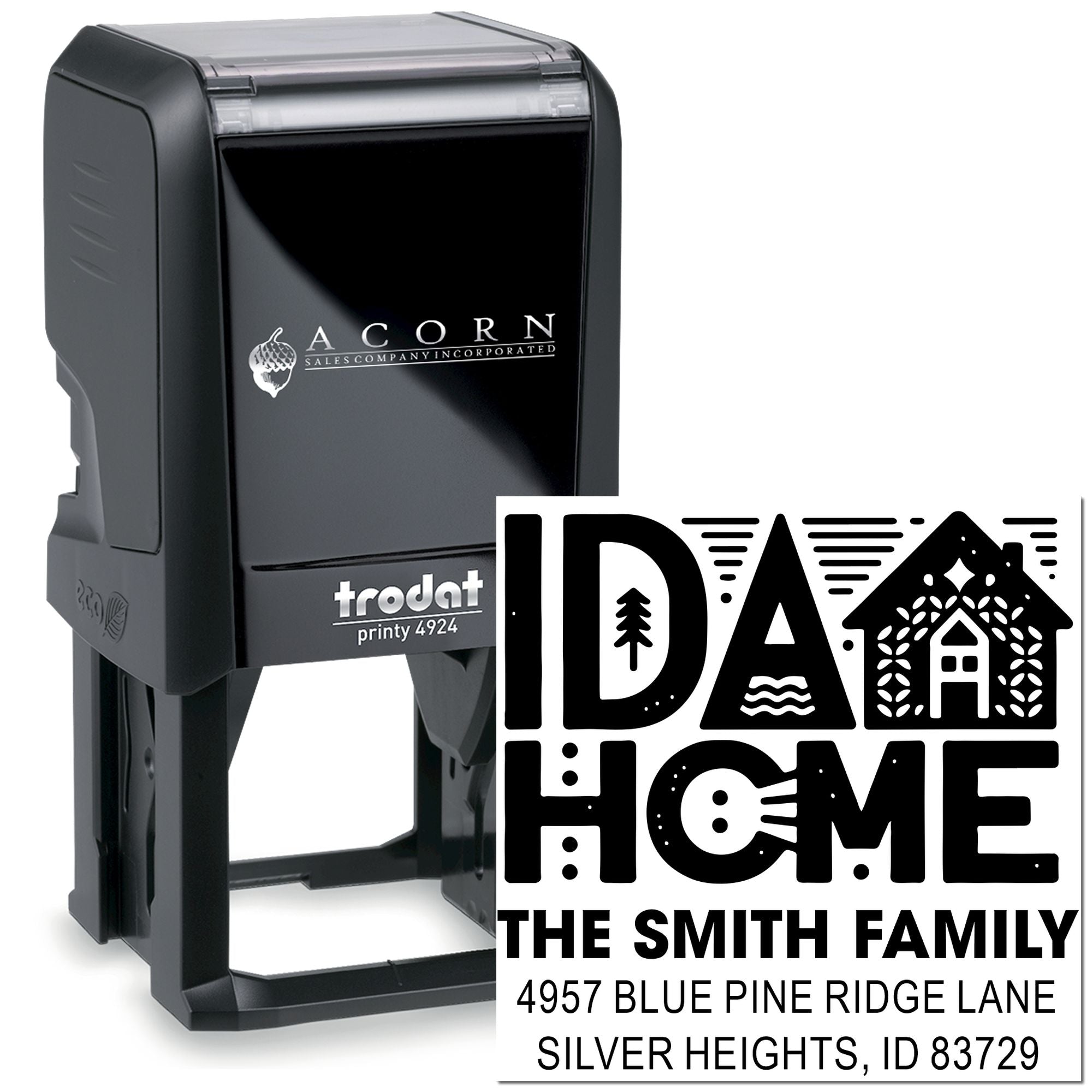 Trodat Printy custom self-inking rubber stamp for family address labels, featuring The Smith Family and Idaho home design.