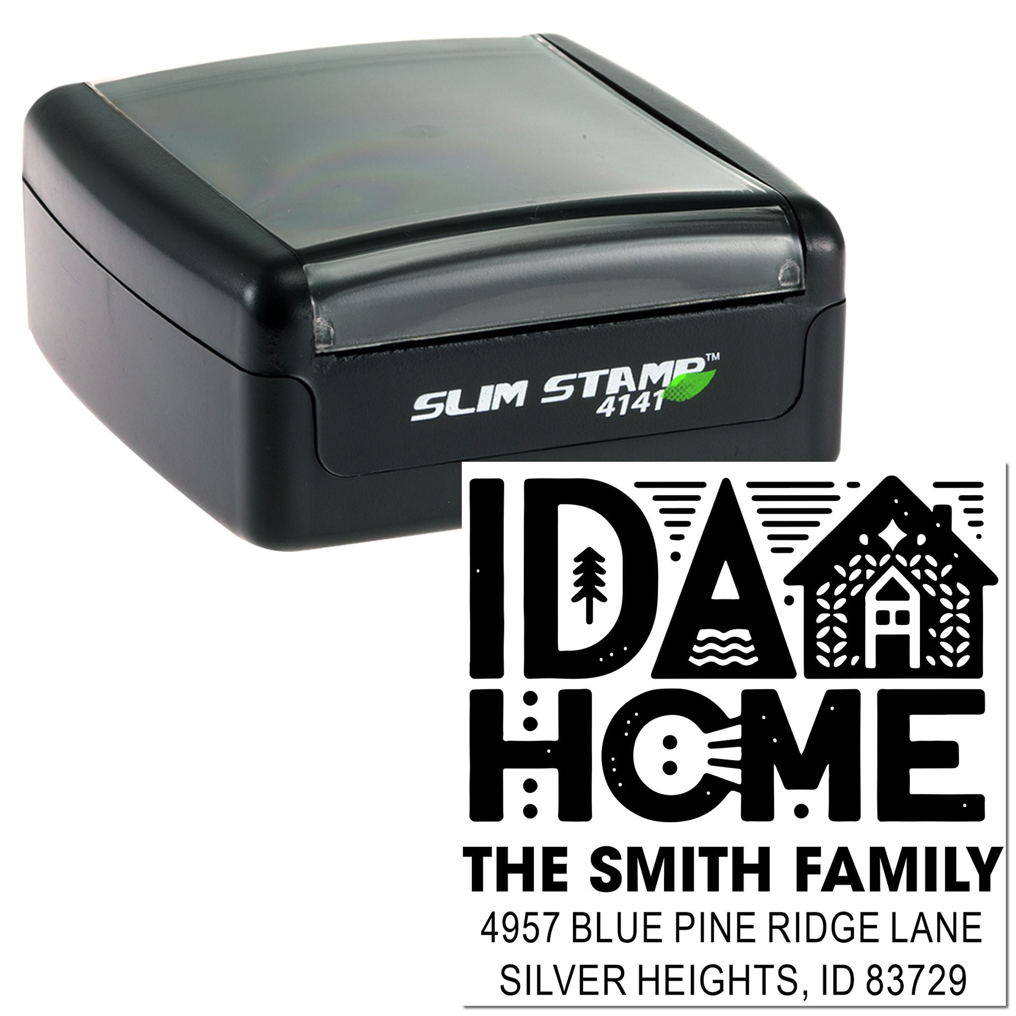 Custom IDAHOME address rubber stamp with Slim Stamp 4141 case, featuring The Smith Family home design and return address