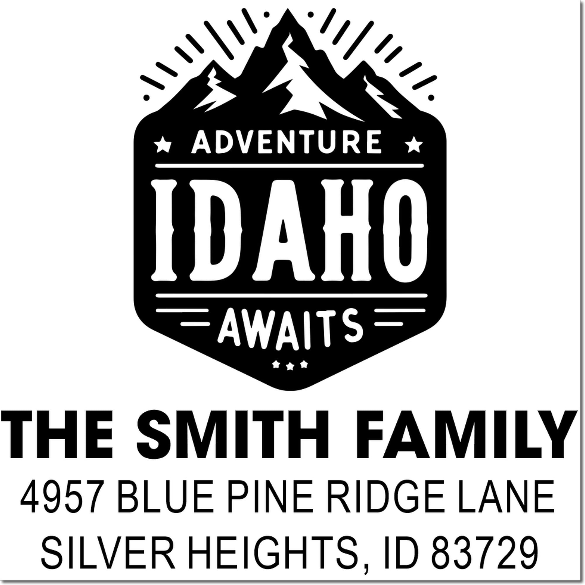 Custom Idaho adventure return address stamp for The Smith Family, featuring mountain design and Silver Heights, ID address.