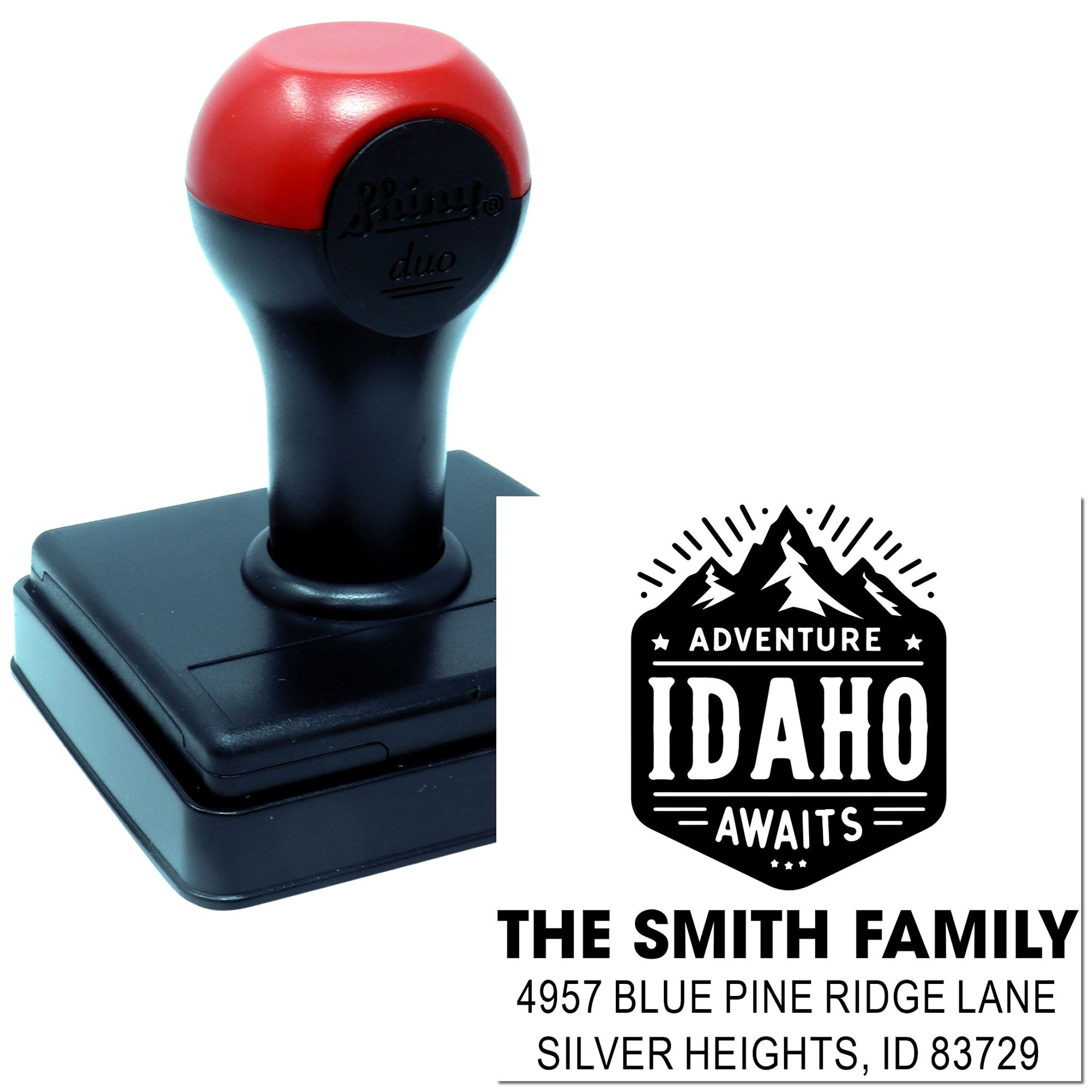 Custom self-inking rubber stamp with Adventure Idaho Awaits design for a Smith Family address stamp.