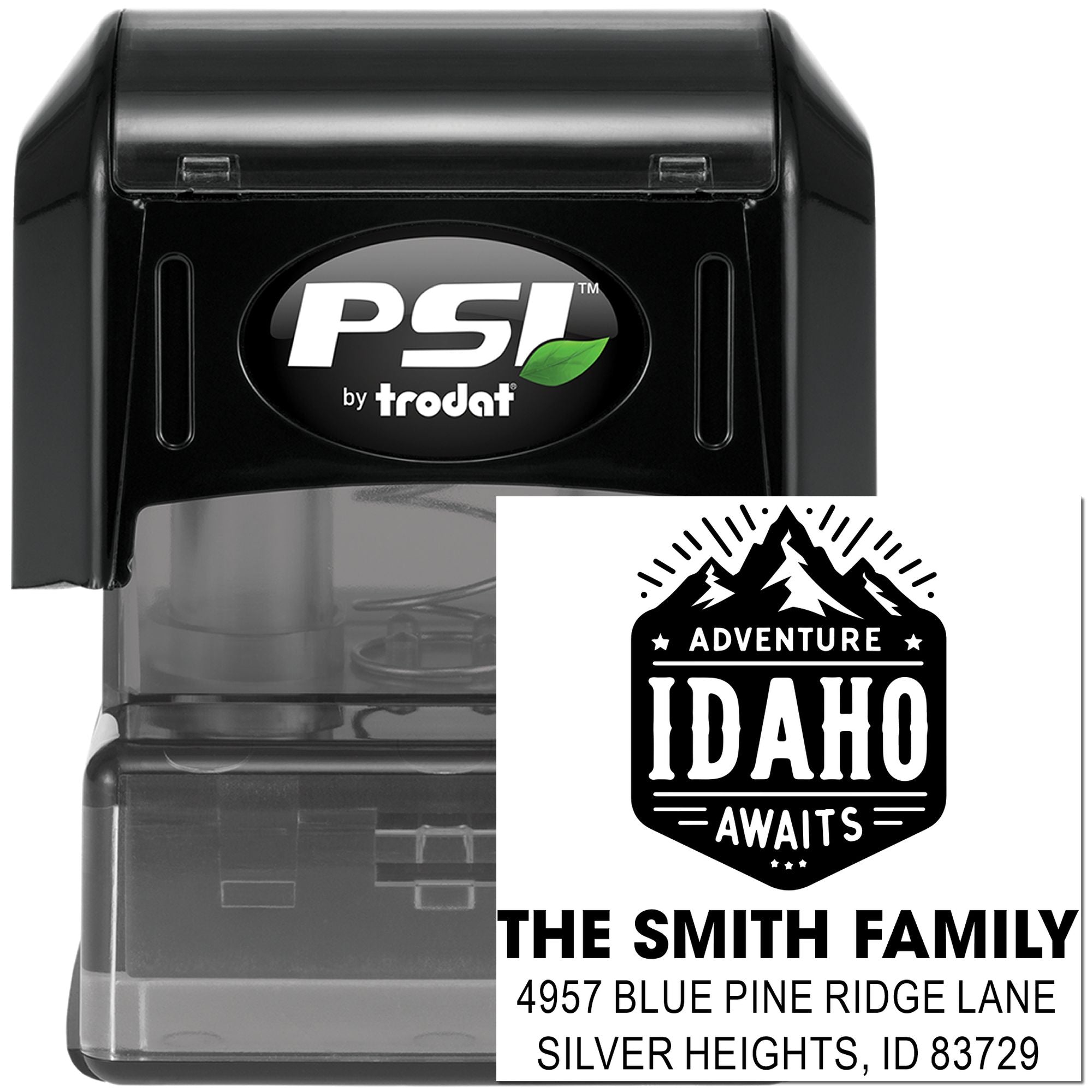 Custom PSI by Trodat self-inking address stamp with Adventure Idaho design for The Smith Family, Silver Heights, ID