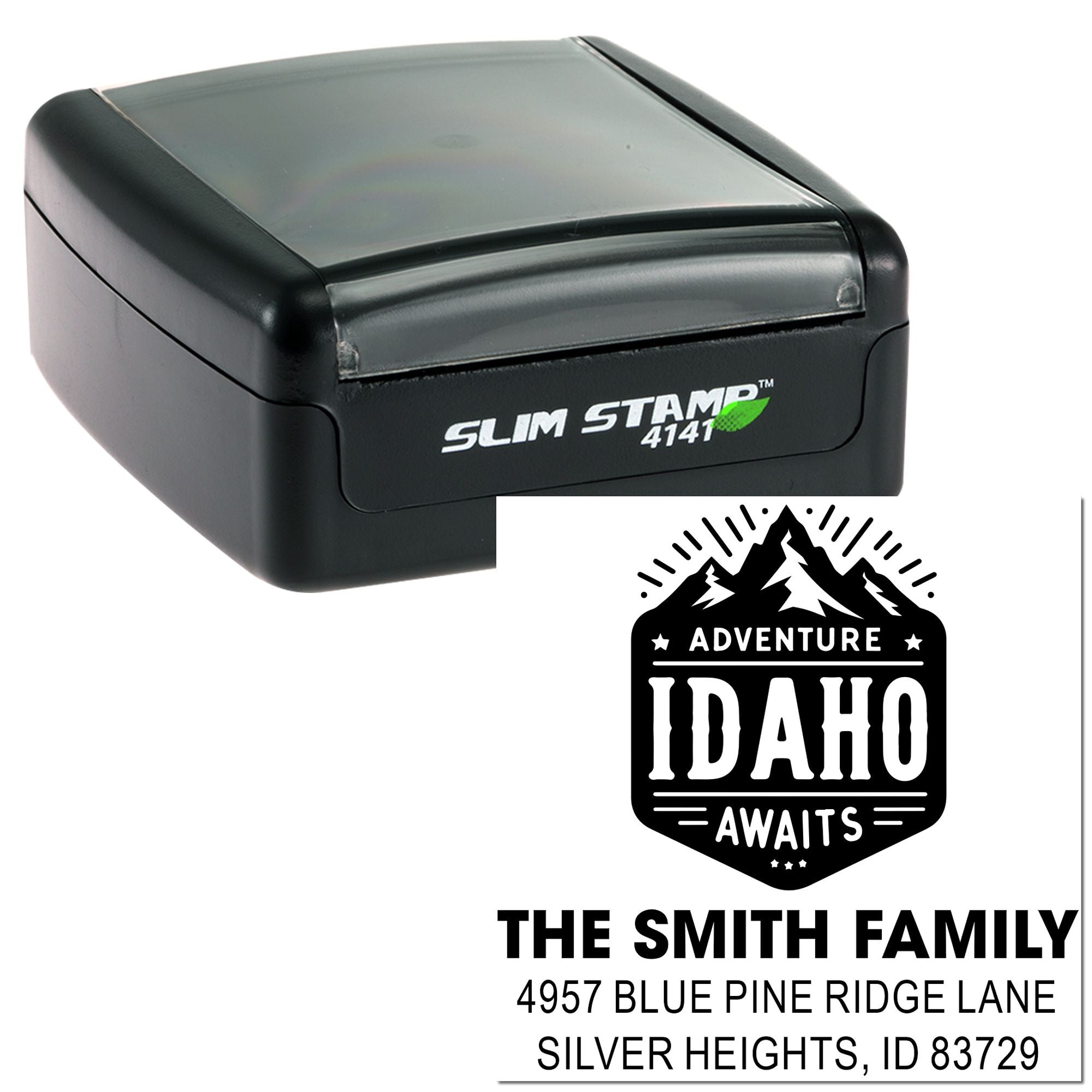 Slim Stamp self-inking rubber stamp with Adventure Idaho Awaits design and custom Smith family address imprint.