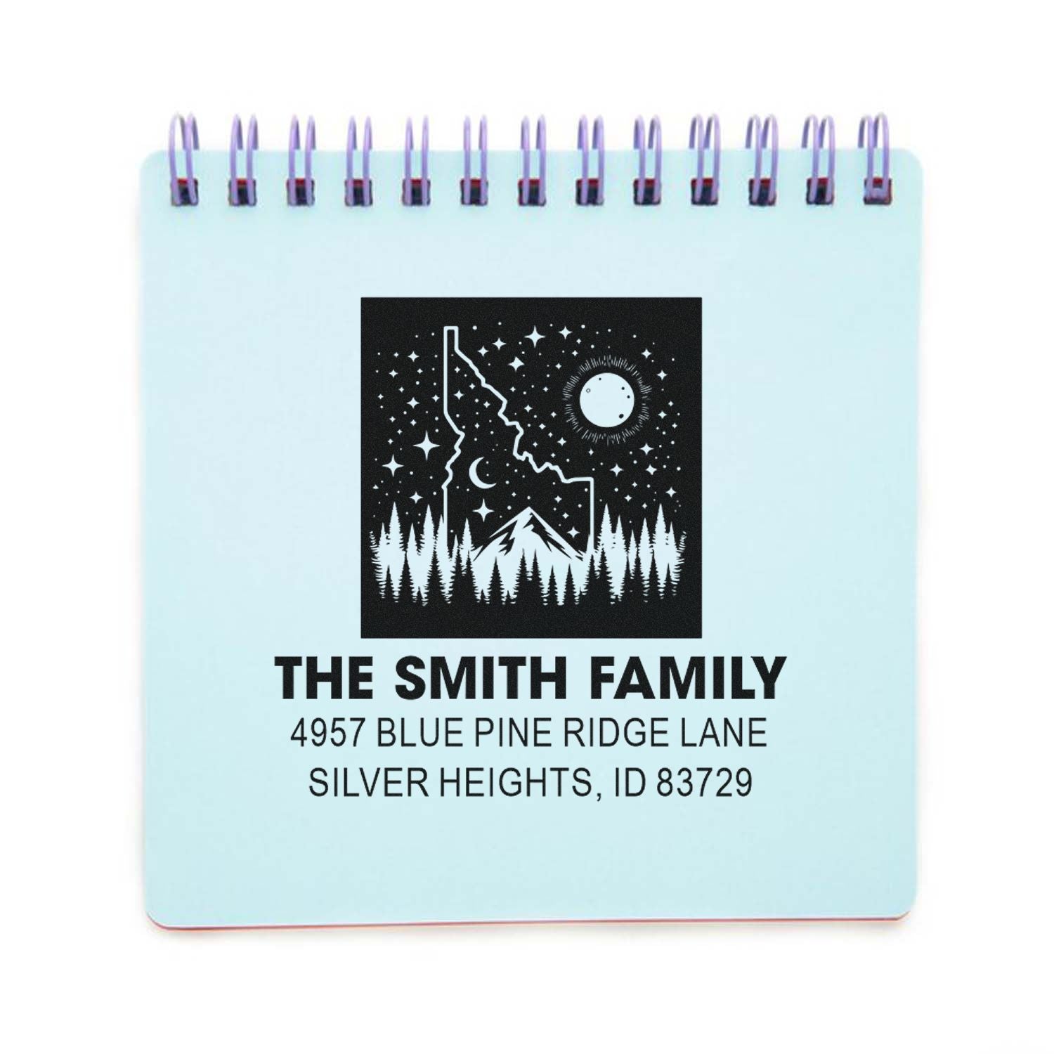 Custom return address rubber stamp with mountain night sky design for The Smith Family, personalized mailing and envelopes.