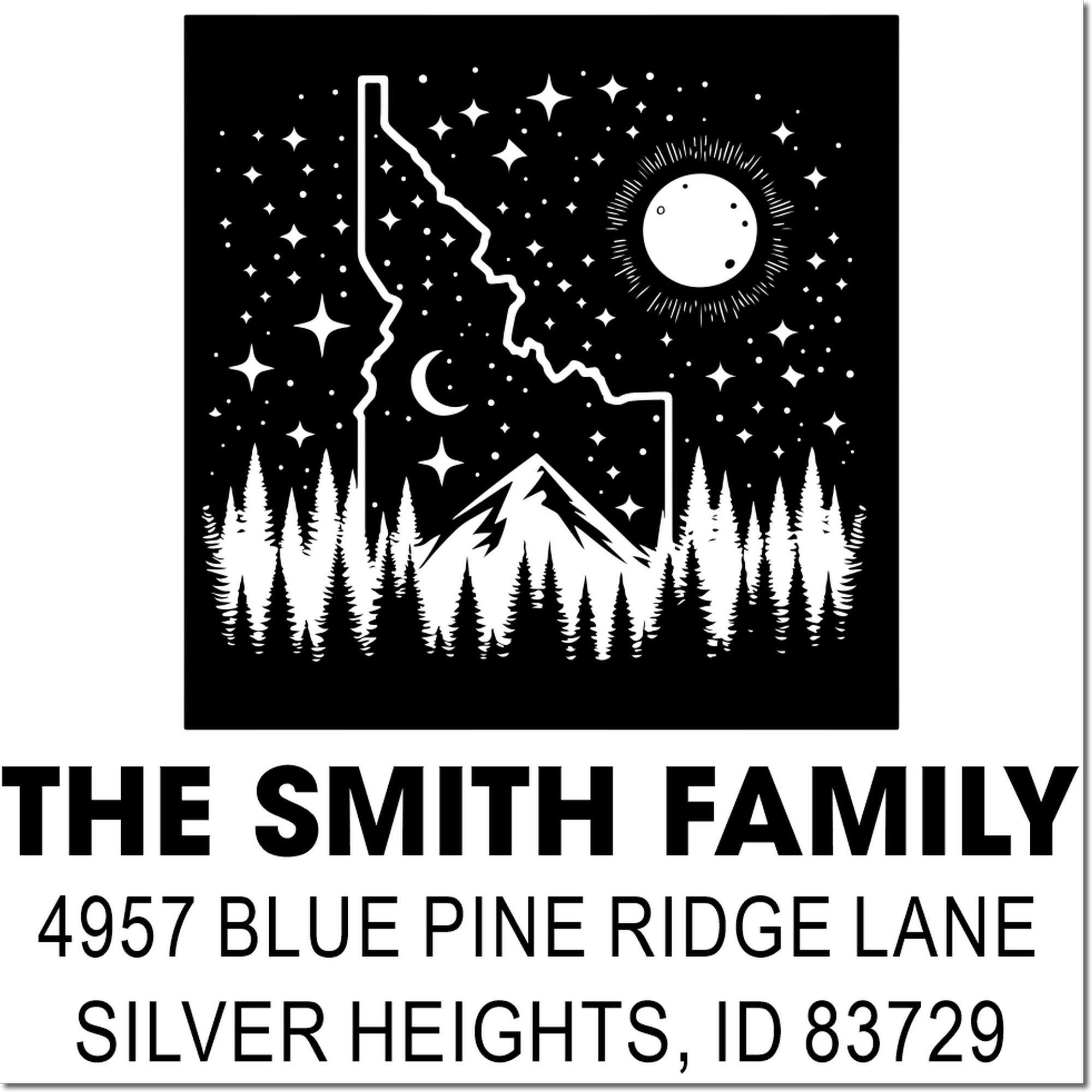 Custom return address rubber stamp with mountain moon and pine forest design for The Smith Family, Silver Heights, ID.