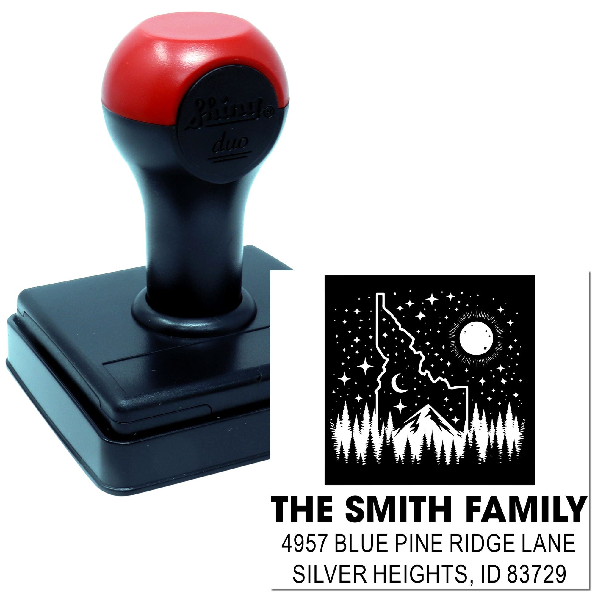 Custom self-inking rubber return address stamp with mountain design for family mailing.