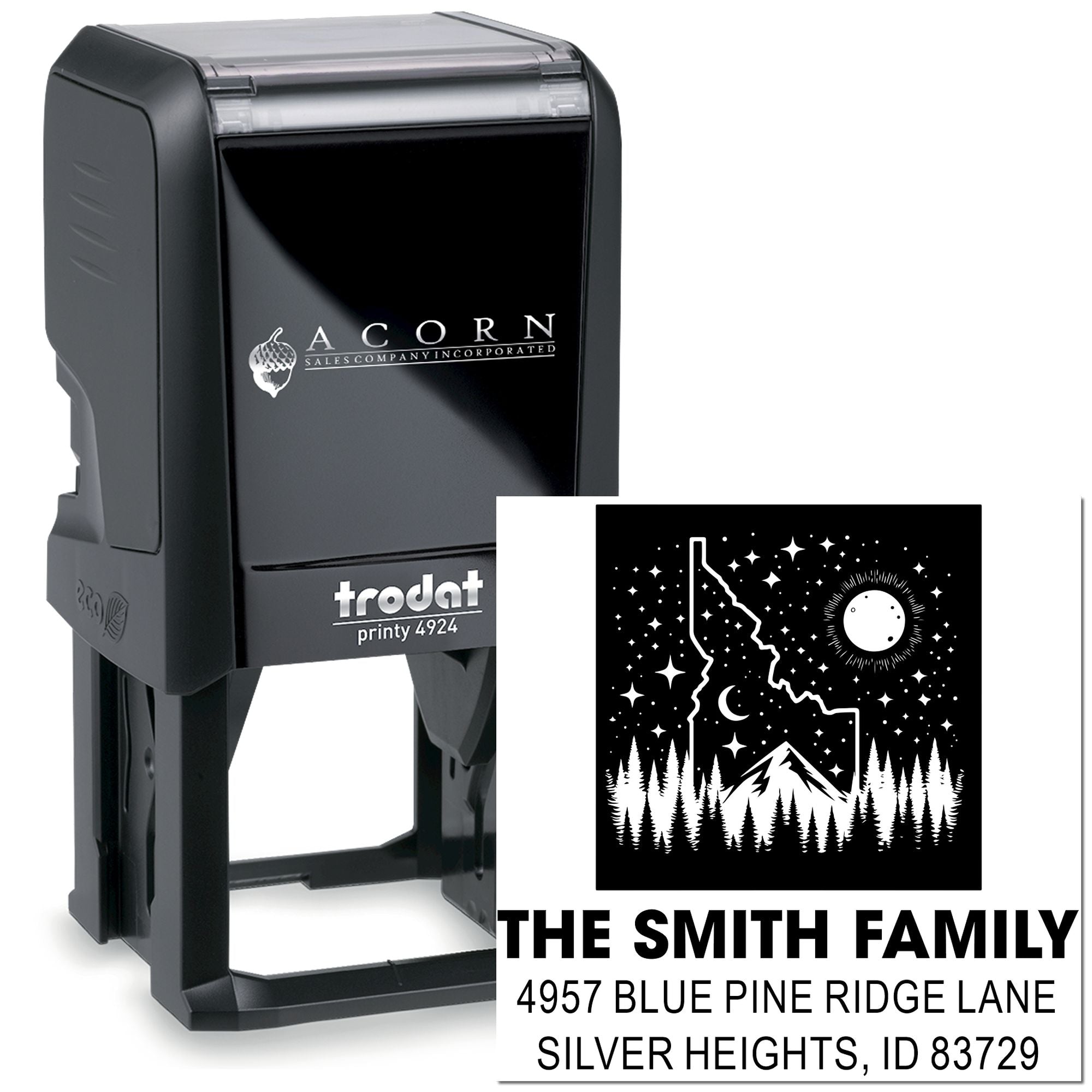Custom self-inking rubber stamp by Trodat Printy 4924 with personalized family return address design.