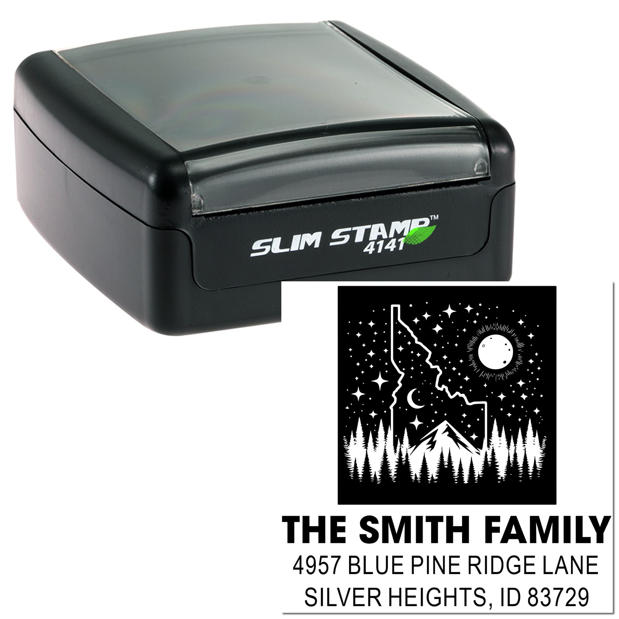 Slim Stamp 4141 custom return address rubber stamp with mountain night design for The Smith Family, Silver Heights, ID.