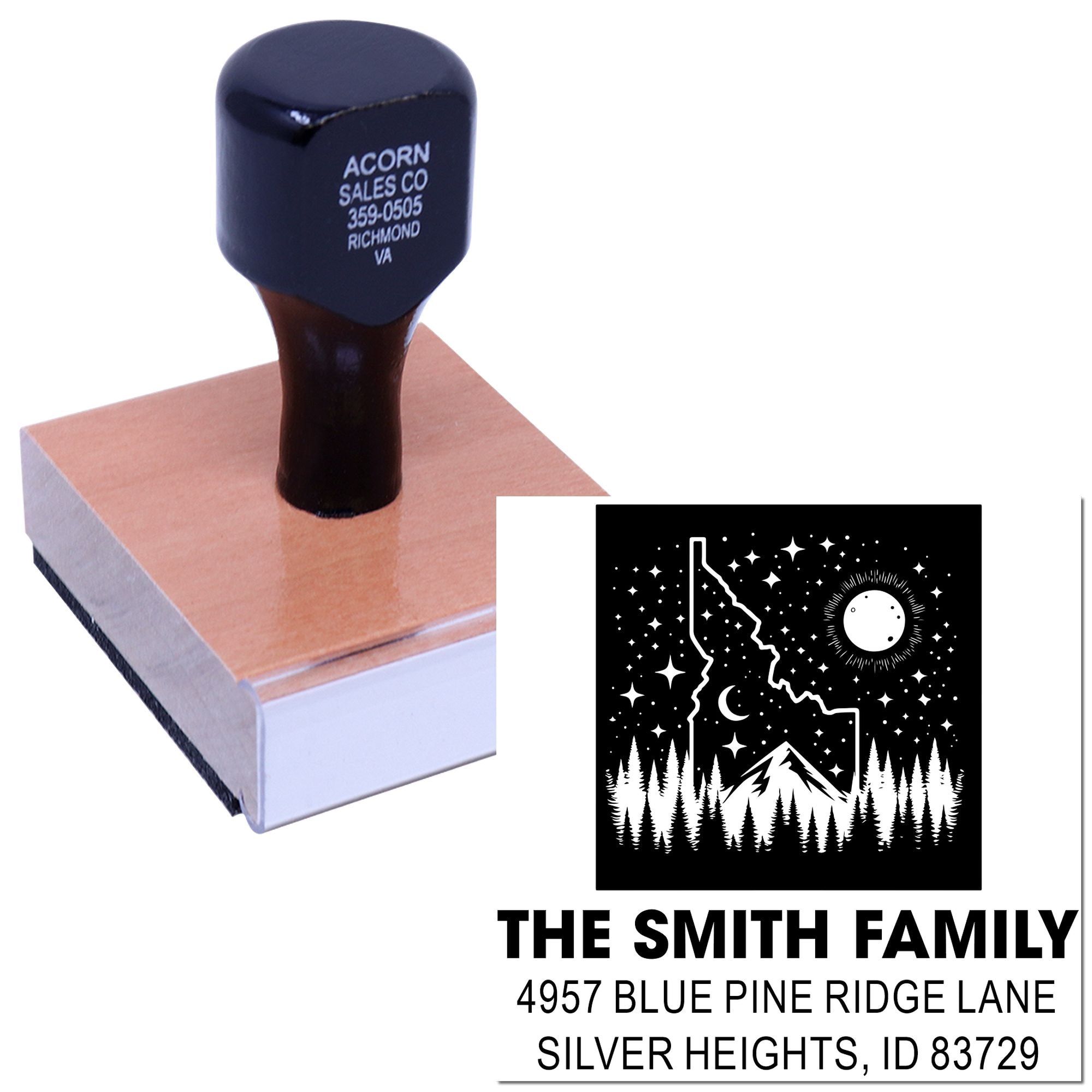 Custom return address rubber stamp for The Smith Family with mountain logo and mailing address.