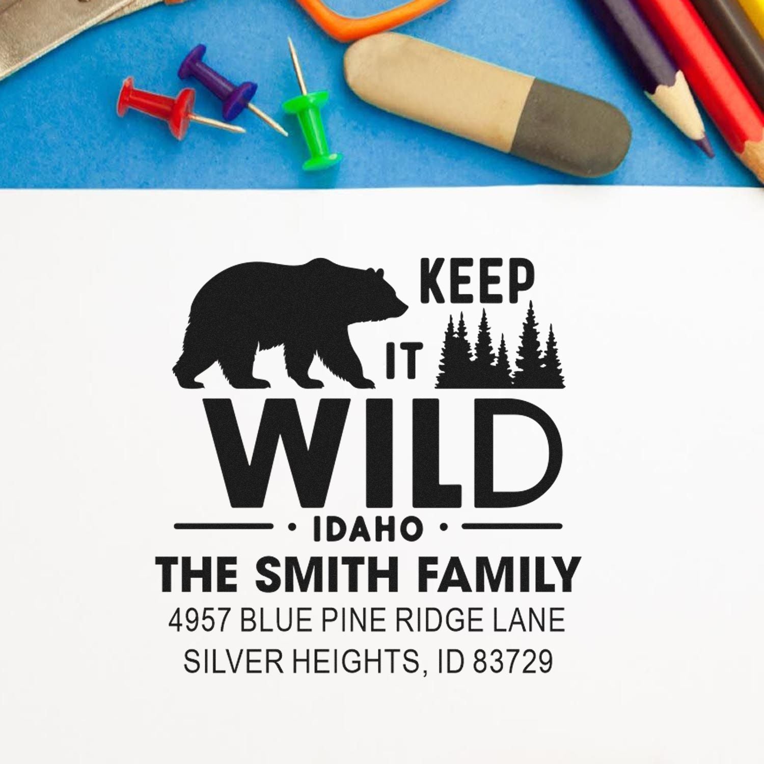 Personalized return address rubber stamp with bear and Idaho Keep It Wild design for The Smith Family.