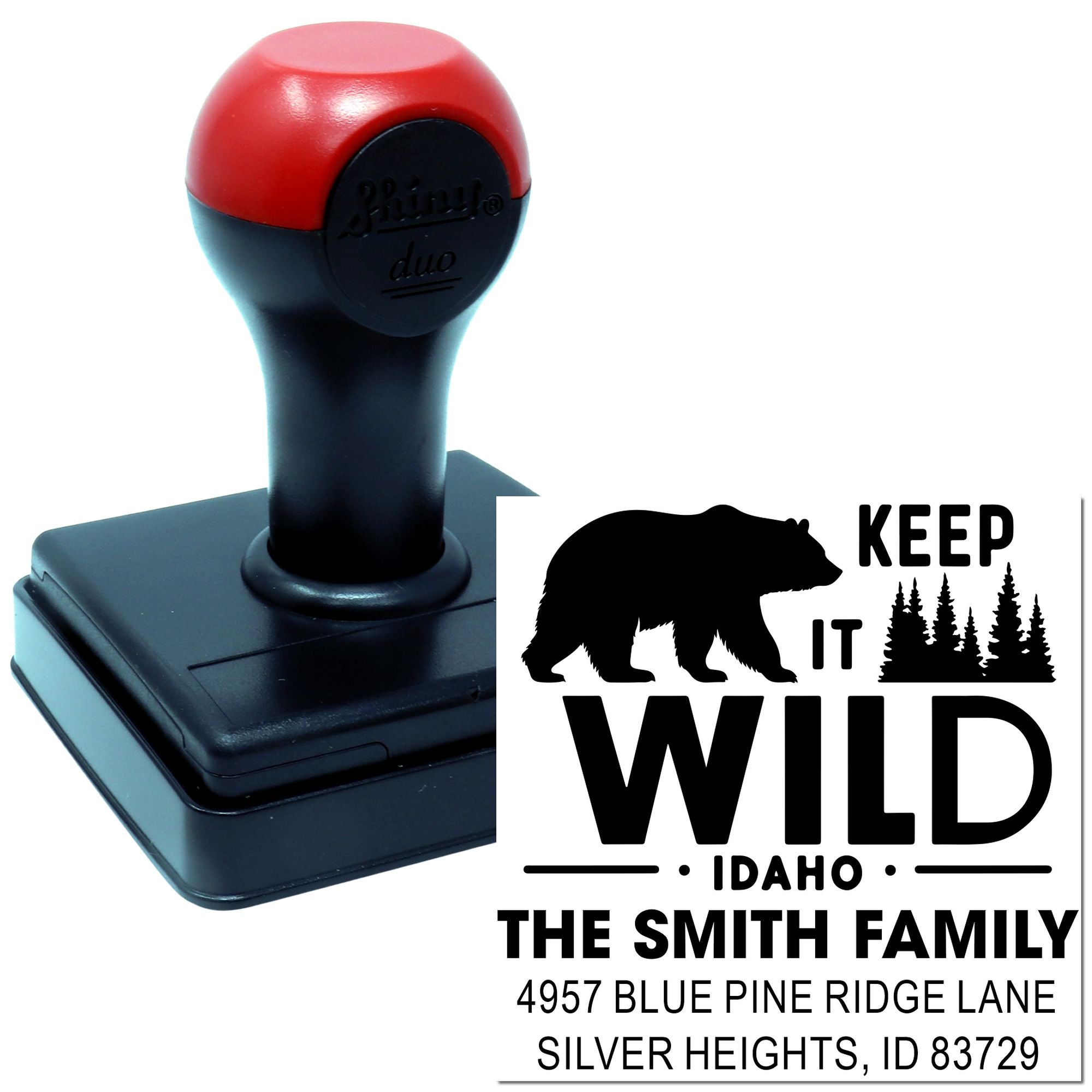 Custom self-inking rubber stamp with bear and Idaho design for The Smith Family address return mailing stamp.