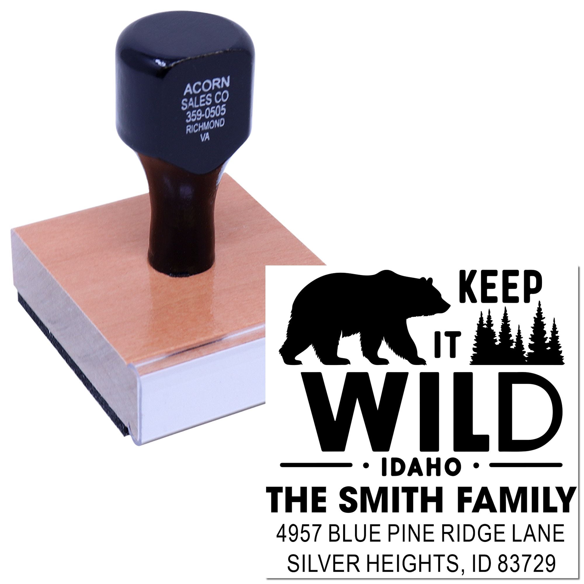 Custom self-inking rubber address stamp with Keep It Wild Idaho bear design and family name