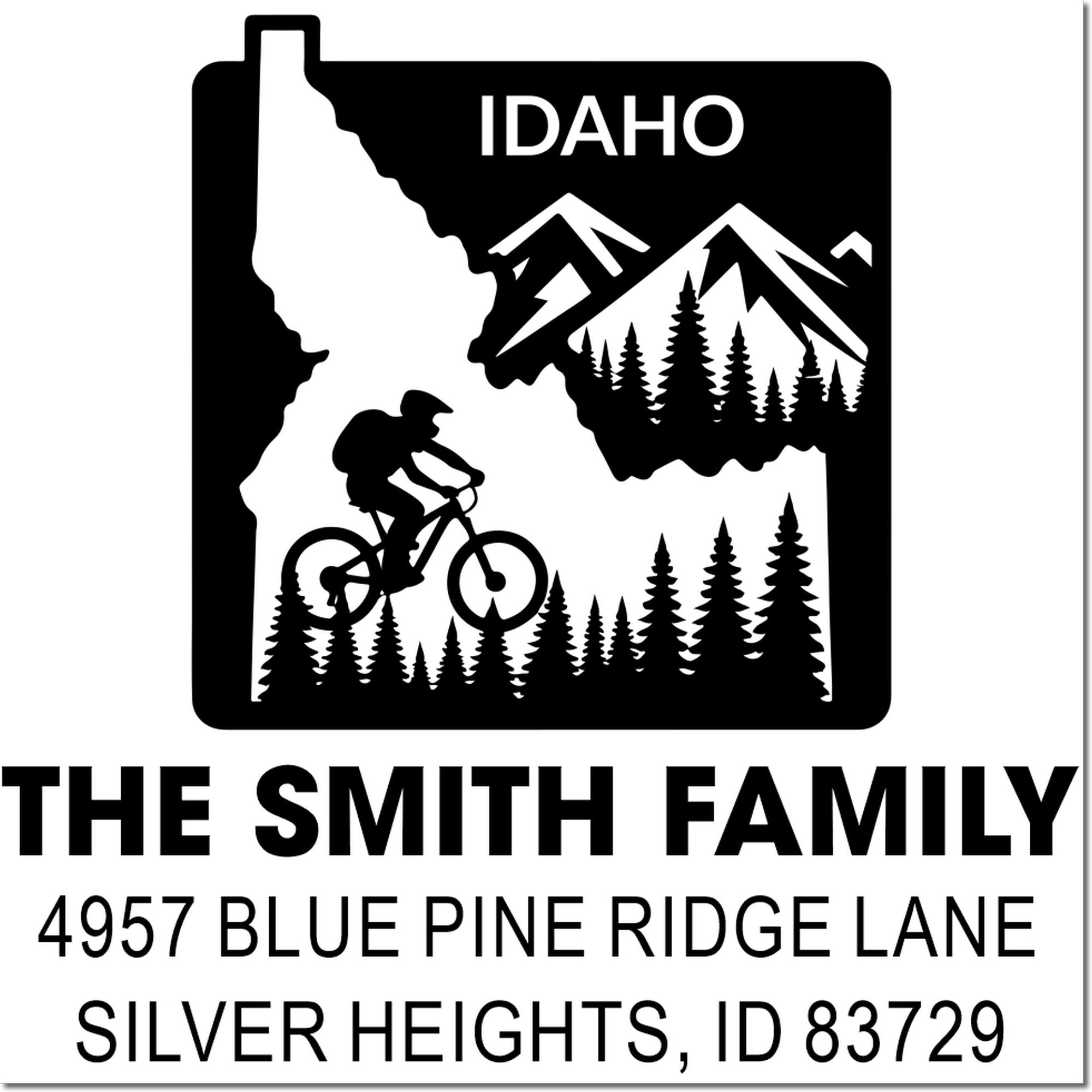 Custom Idaho family address stamp with mountain biker, pine trees, and state silhouette for personalized outdoor-themed mail.