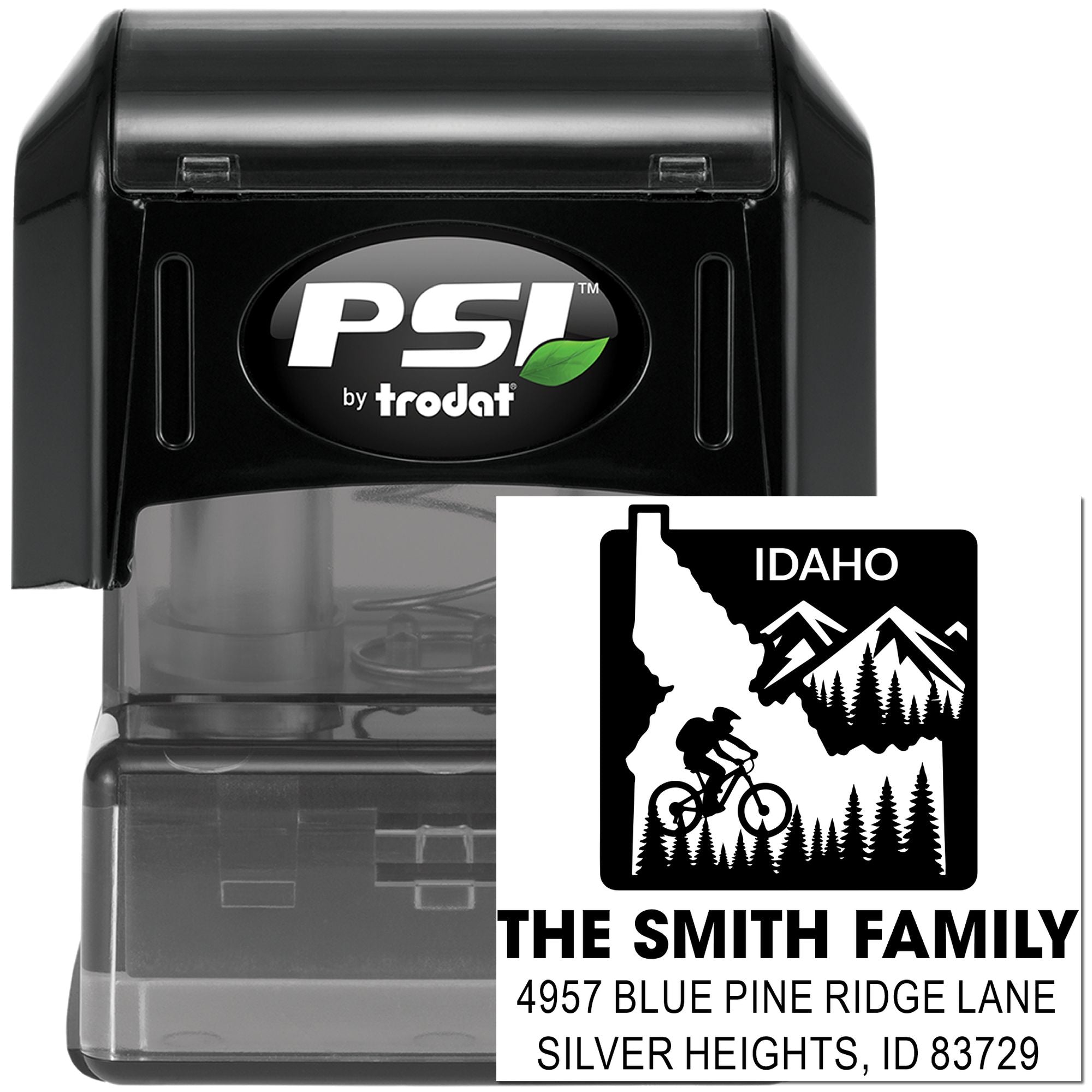 PSI by Trodat self-inking custom address rubber stamp with Idaho mountain biking design for The Smith Family