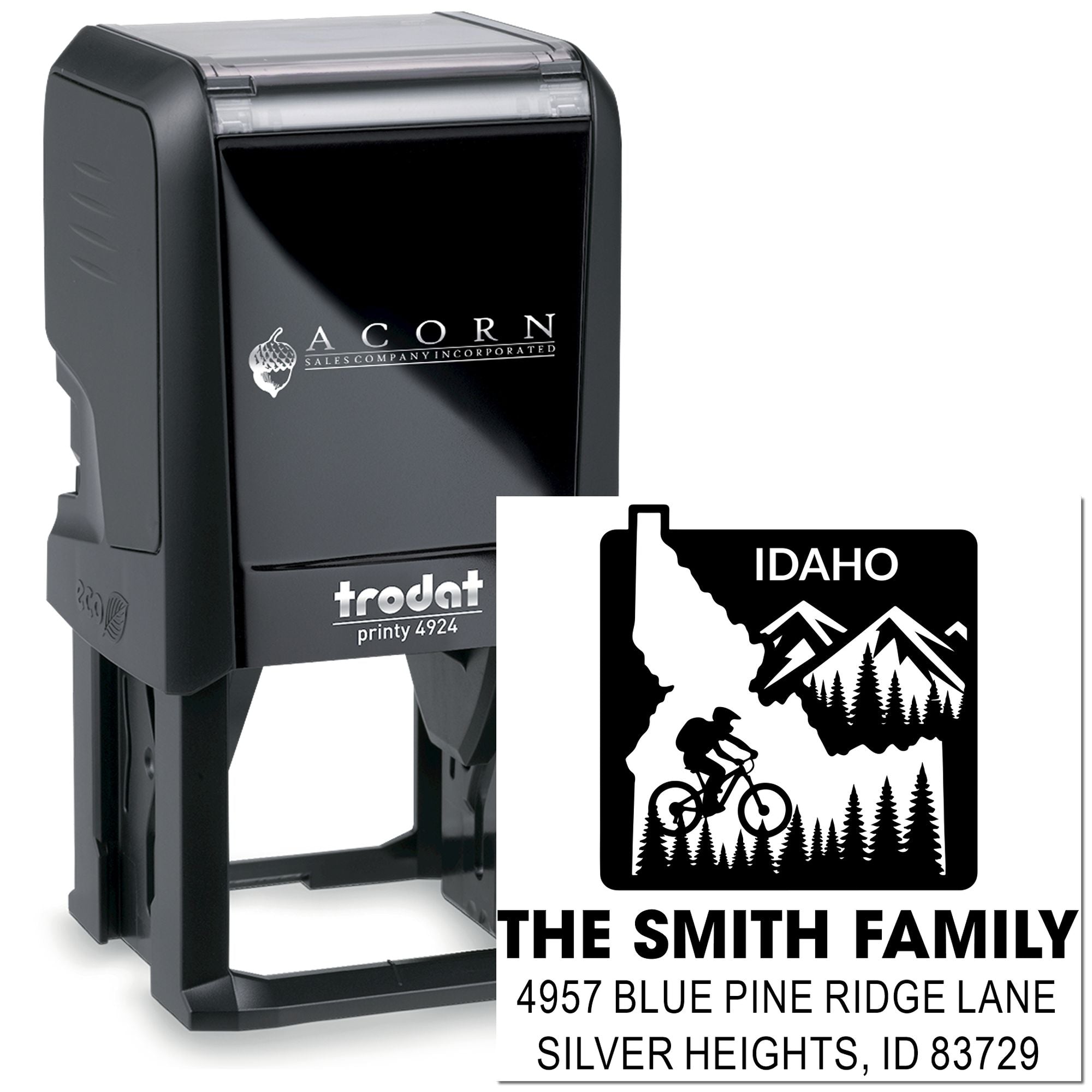 Custom self-inking rubber stamp with Idaho family return address design for mailing and personalized stationery.