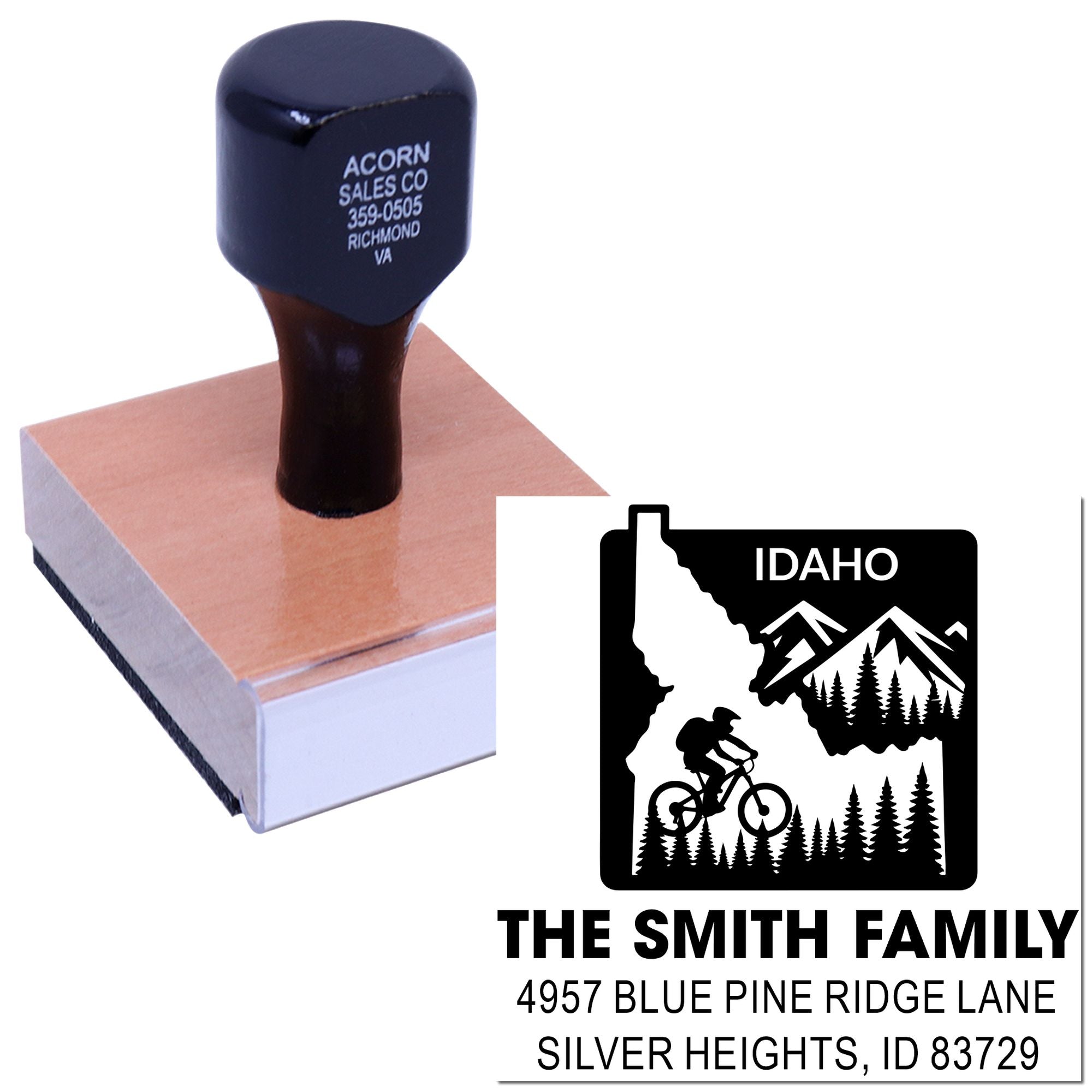Custom Idaho family address rubber stamp with mountain biker design, ideal for personalized mail, return addresses, and crafts.
