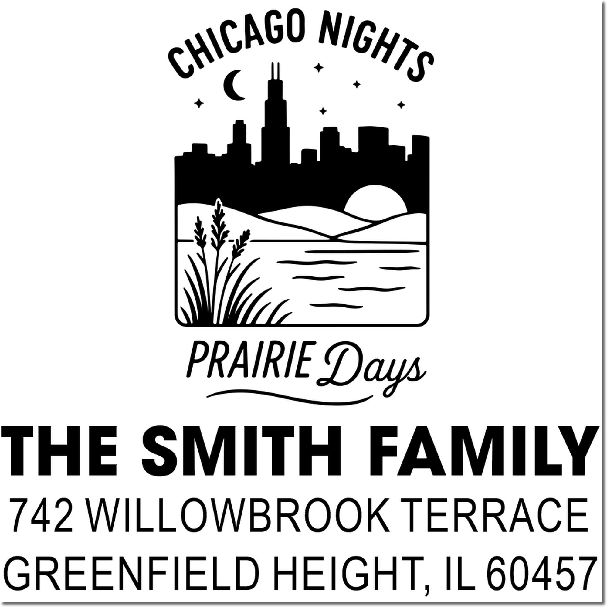 Custom Chicago Nights Prairie Days family return address rubber stamp with skyline, The Smith Family, and Greenfield Heights, IL address.