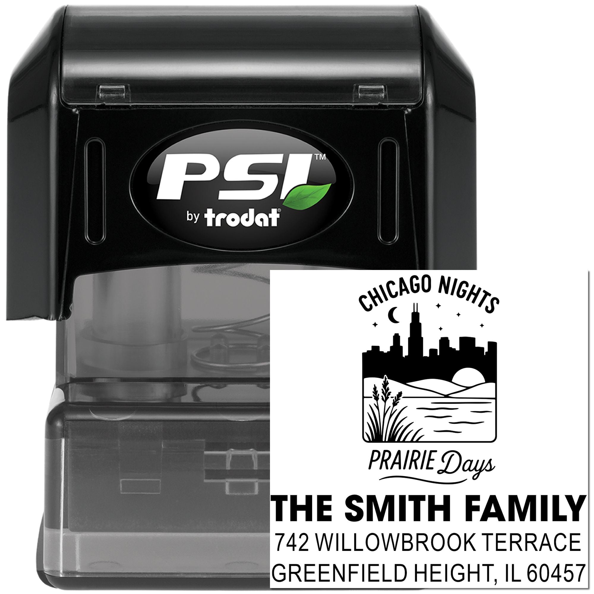 PSI by Trodat self-inking custom address rubber stamp with Chicago Nights Prairie Days family design