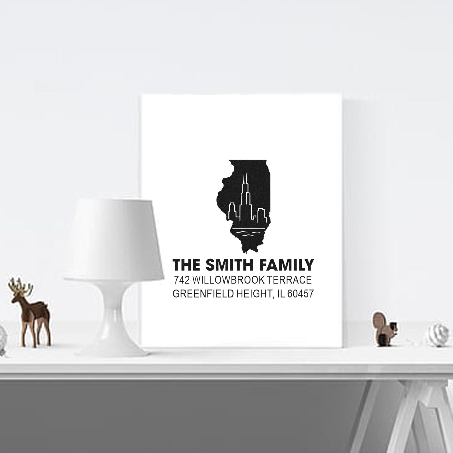 Personalized return address rubber stamp with Illinois skyline silhouette and family name for custom stationery.