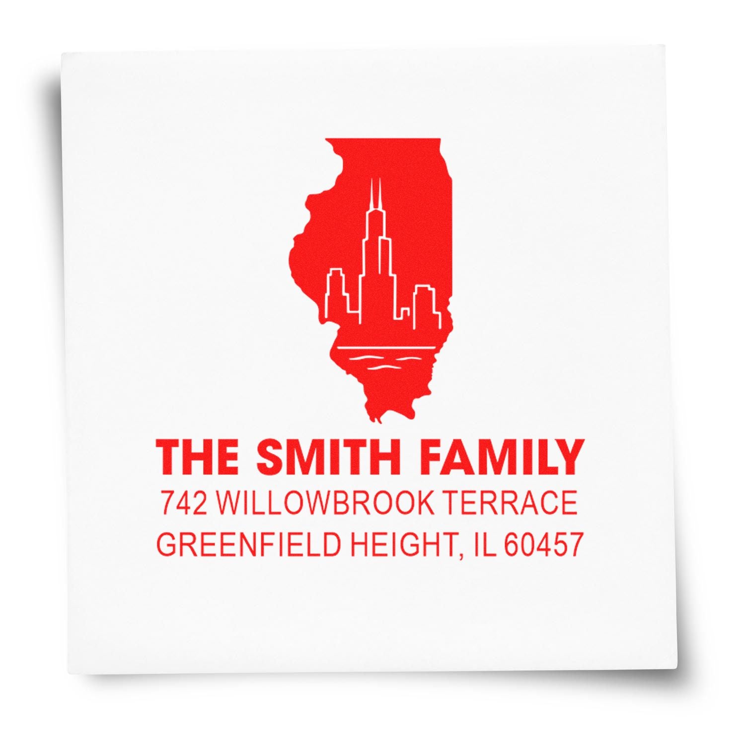 Custom Illinois skyline return address rubber stamp for The Smith Family, Greenfield Height, IL 60457