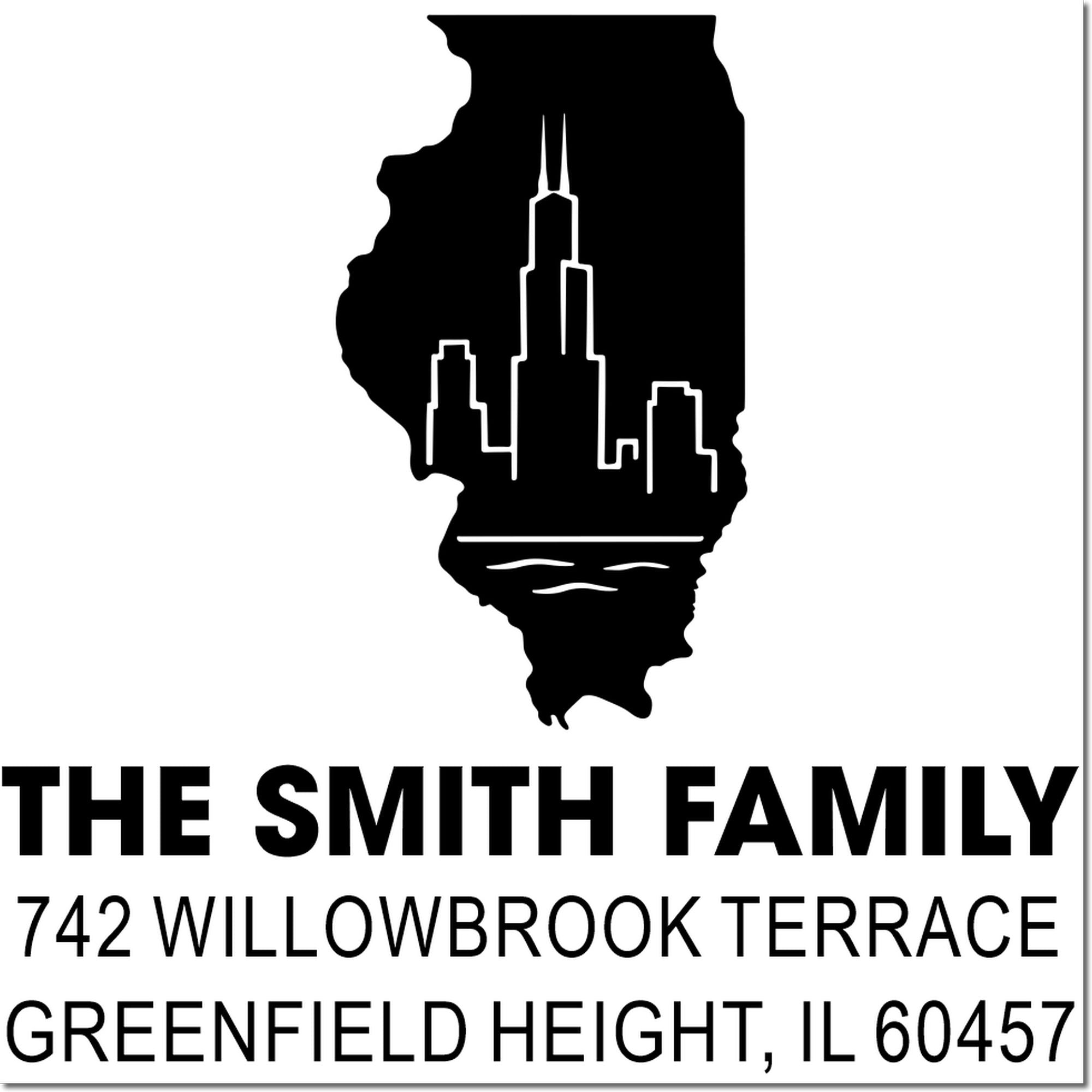 Illinois skyline custom address rubber stamp for The Smith Family, 742 Willowbrook Terrace, Greenfield Height, IL 60457.