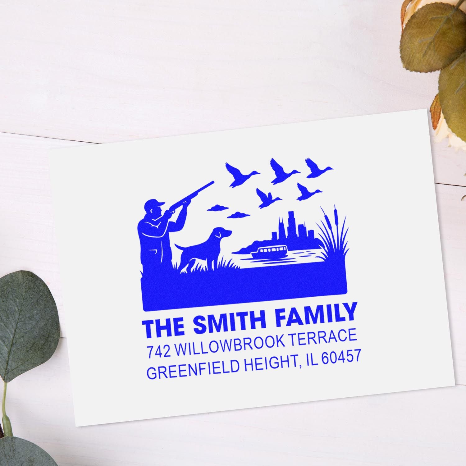 Custom family return address rubber stamp design with hunter, dog, birds, and skyline for The Smith family.