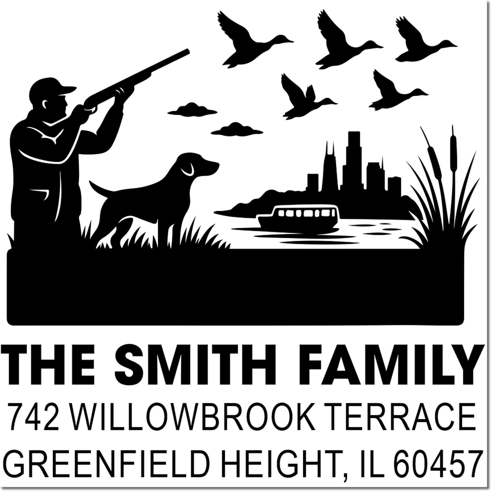Custom rubber address stamp with duck hunting scene, The Smith Family, 742 Willowbrook Terrace, Greenfield Height, IL 60457.