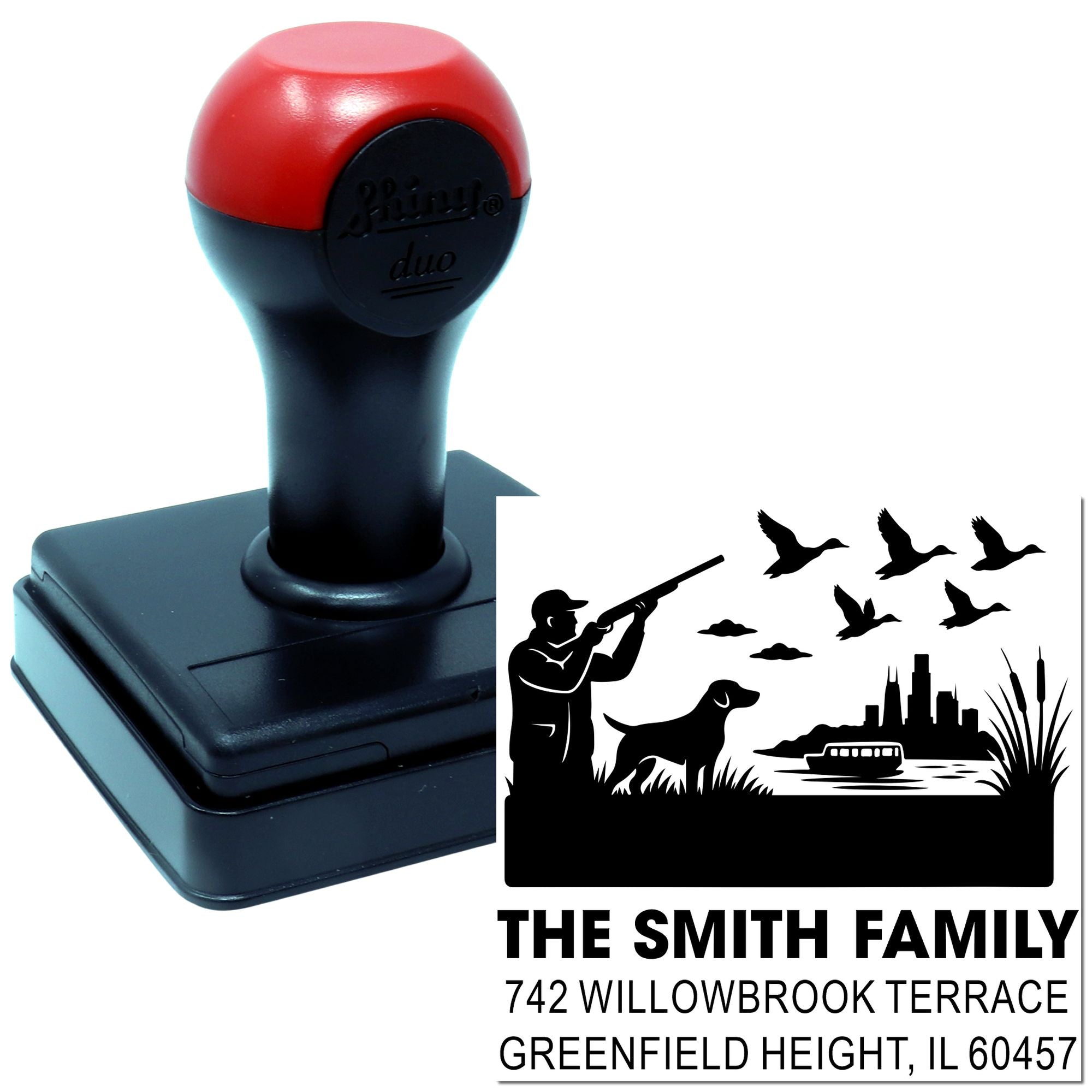 Custom rubber address stamp with hunting scene, dog and birds for The Smith Family, 742 Willowbrook Terrace, Greenfield Heights, IL.