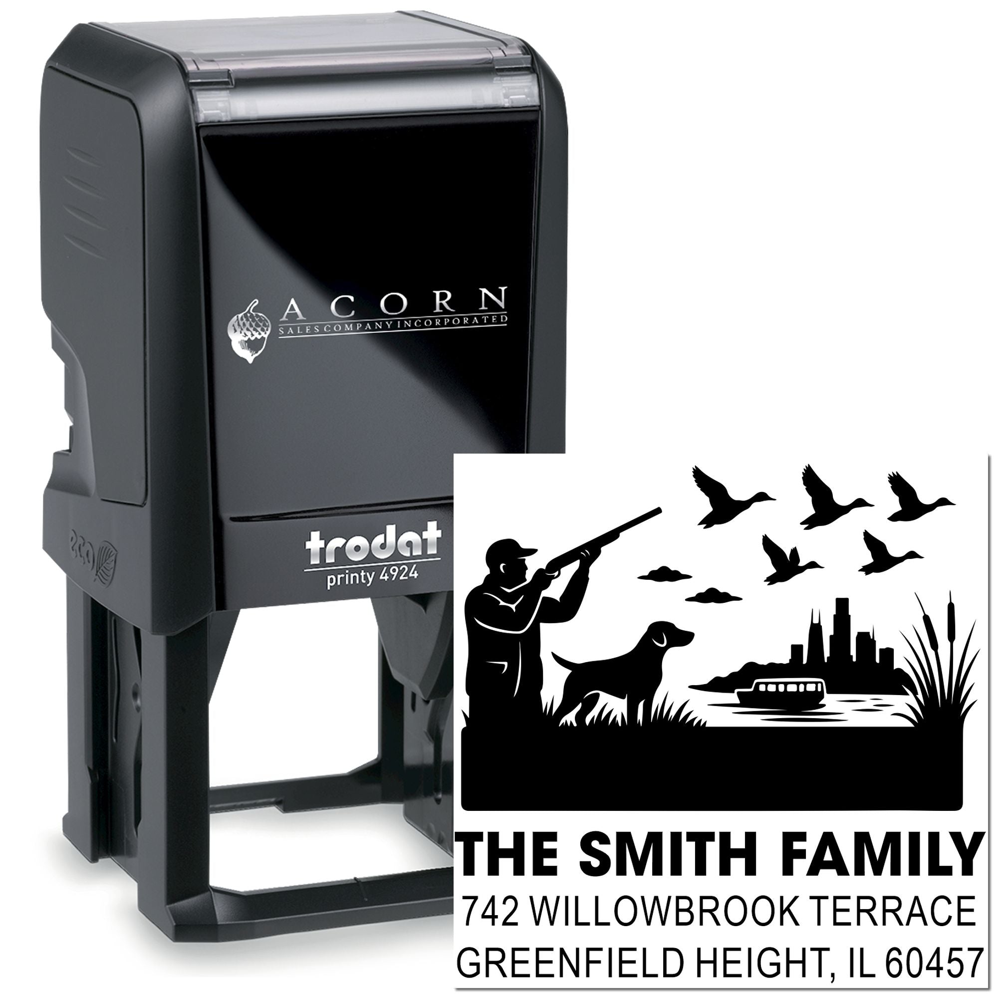 Custom self-inking rubber address stamp with hunting scene, family name, and return address for personalized mailing.