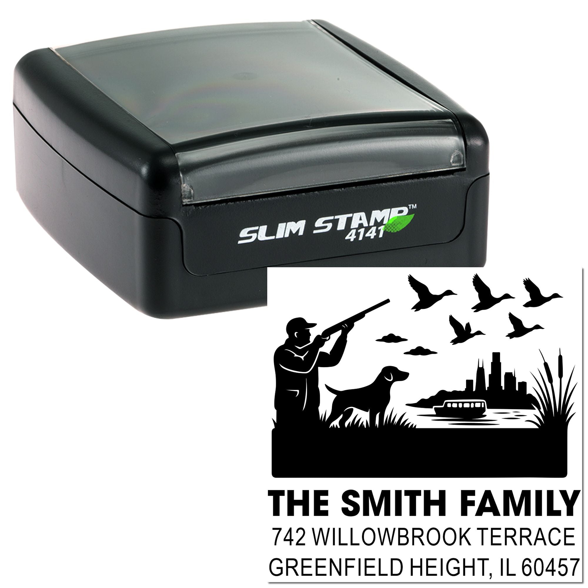 Custom self-inking rubber stamp for return address, featuring a hunting scene, dog, and family name.