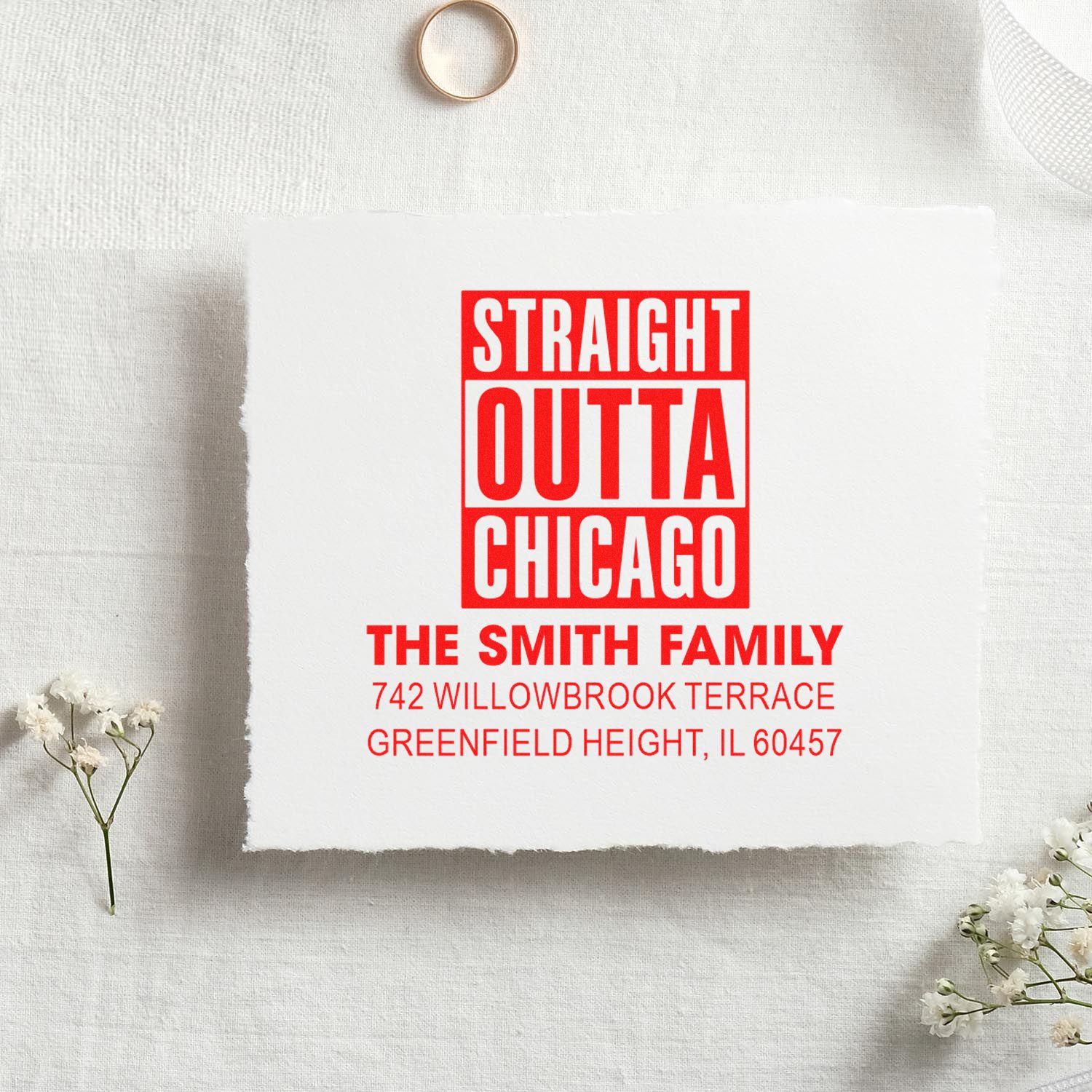 Custom return address rubber stamp with Straight Outta Chicago design for The Smith Family.