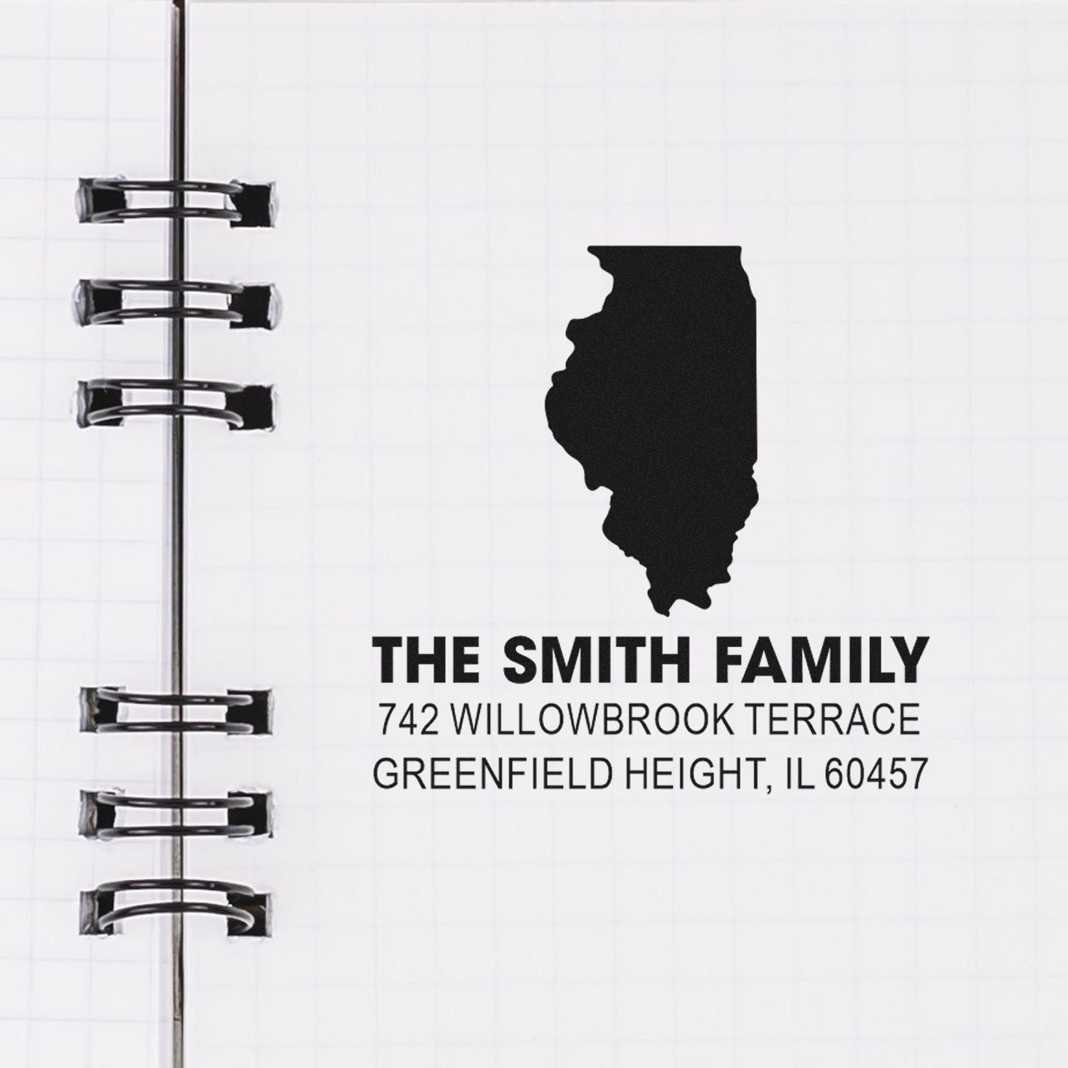 Custom rubber address stamp for The Smith Family with Illinois silhouette and mailing address, Greenfield Height, IL 60457.