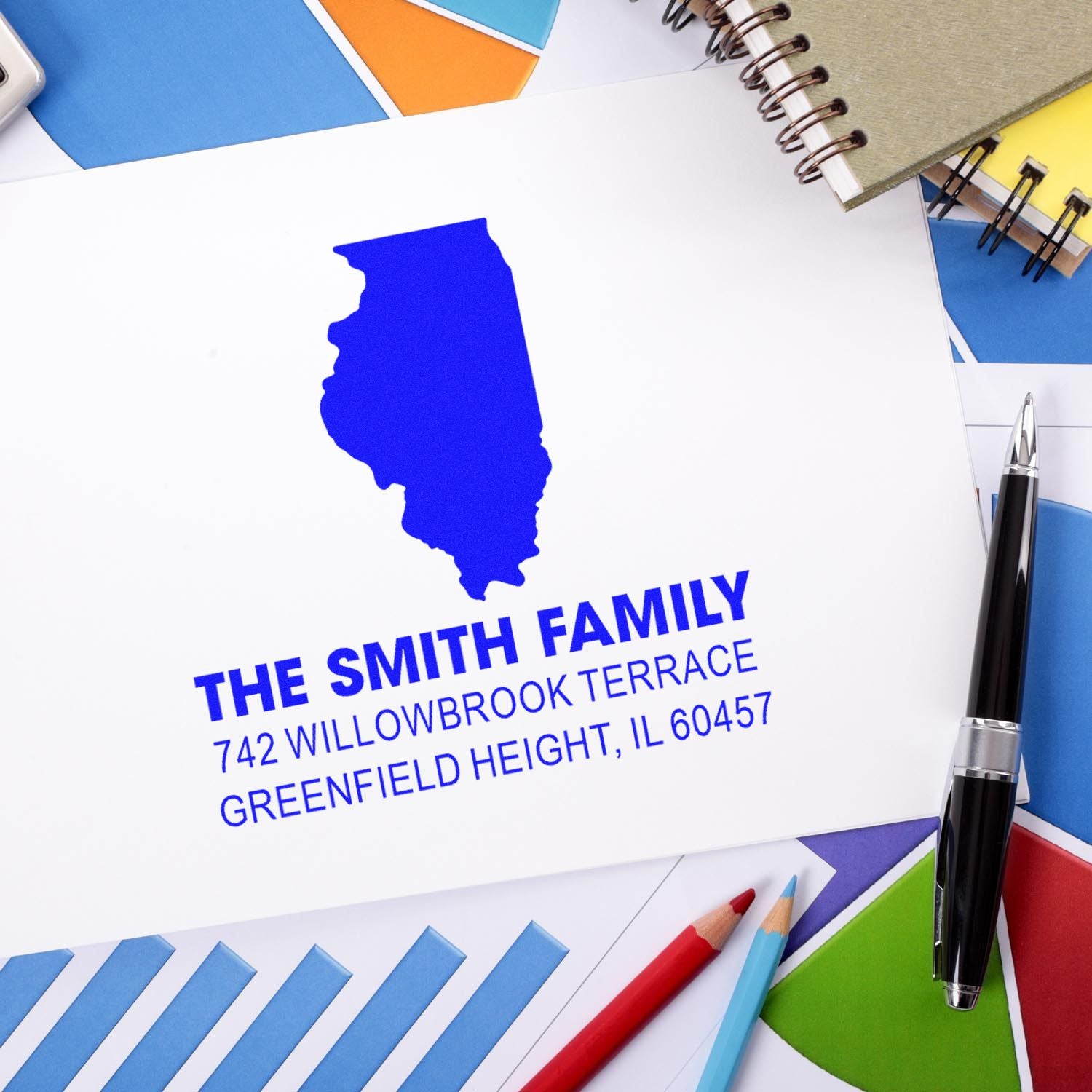 Personalized Illinois family address rubber stamp with custom name and mailing address for envelopes.