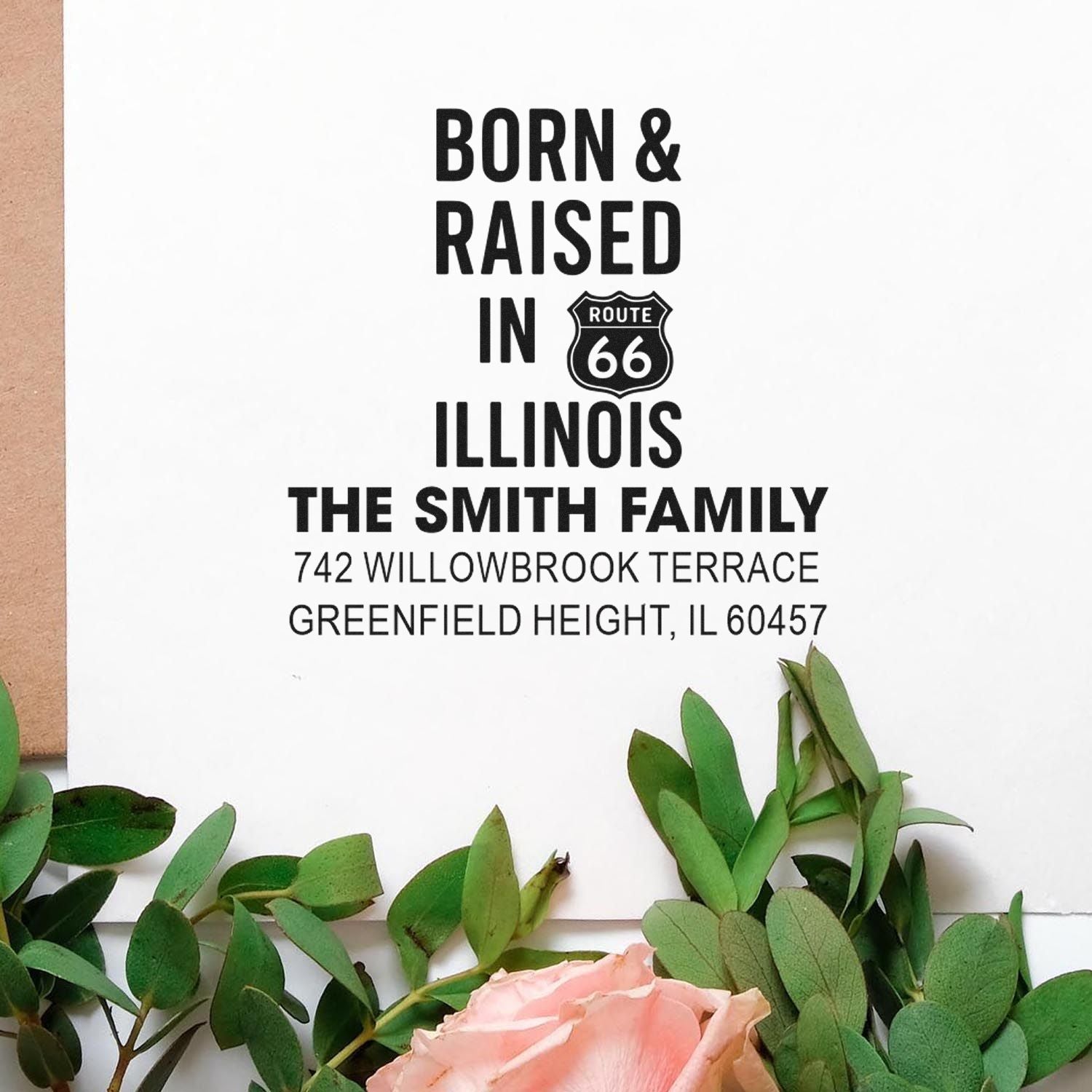 Custom rubber address stamp for The Smith Family, featuring a Born & Raised in Illinois Route 66 design with home address.