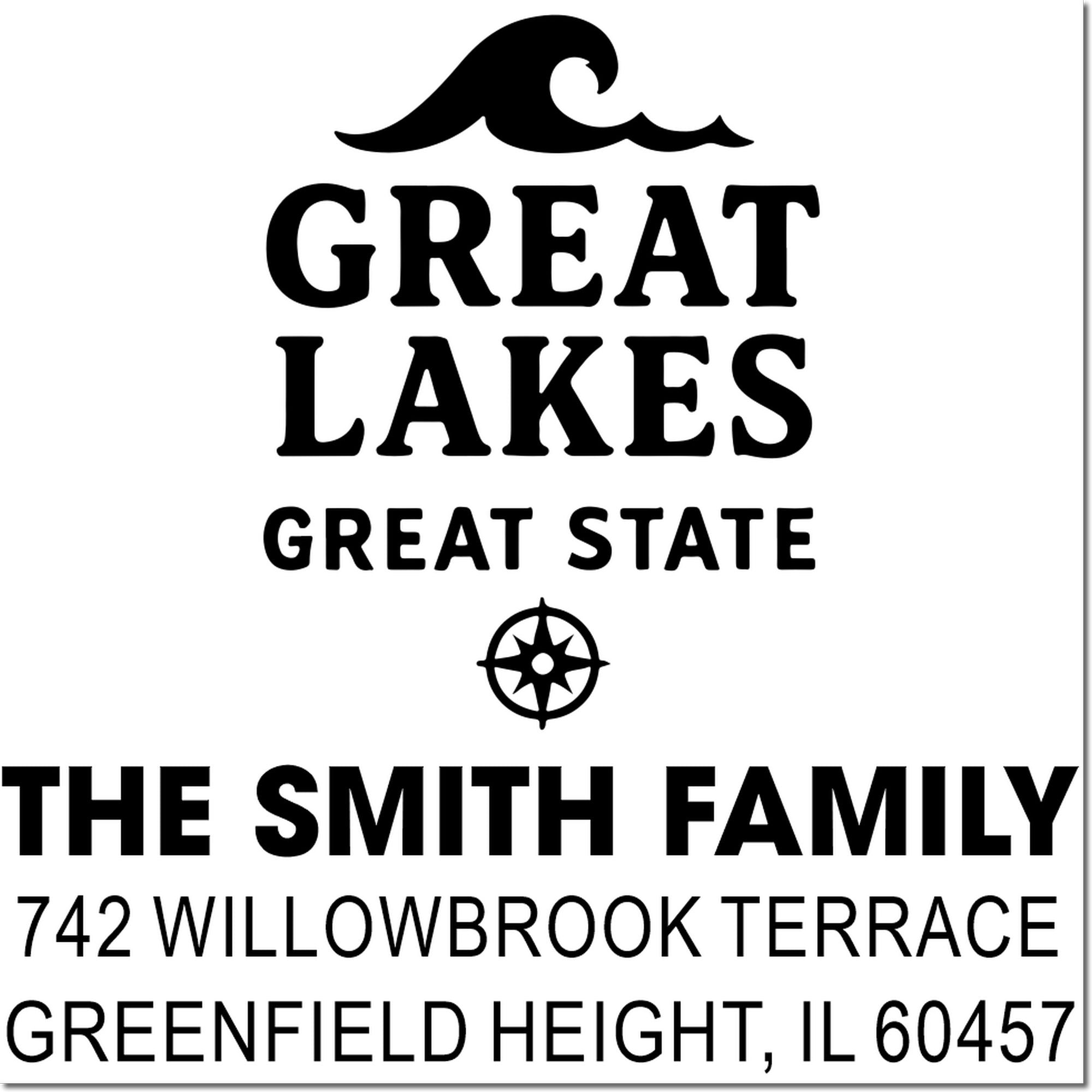 Custom Great Lakes Great State family address rubber stamp for The Smith Family, 742 Willowbrook Terrace, Greenfield Heights, IL 60457.