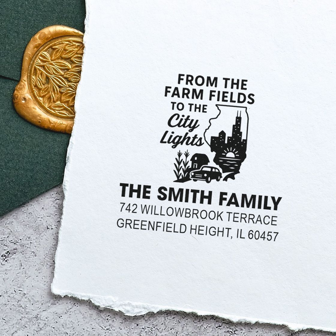 Custom family address rubber stamp with From the Farm Fields to the City Lights design and city skyline graphic.